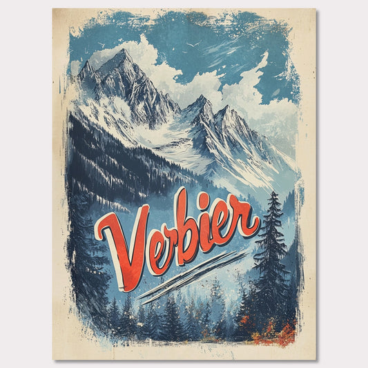 This striking vintage poster captures the breathtaking beauty of Verbier’s mountain peaks. With a bold orange and blue color palette, the image of towering snowy peaks framed by evergreen trees invites adventure and awe. The vintage typography emphasizes Verbier’s allure as a destination for both exploration and relaxation, making this an ideal representation of the Swiss Alps' majestic landscapes.