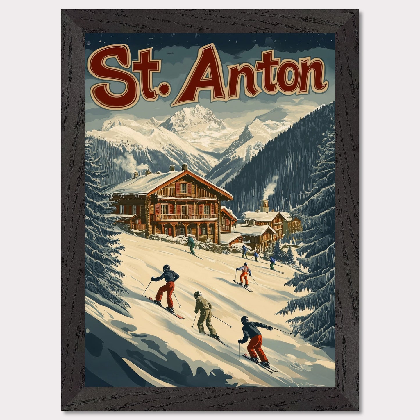 This minimalist yet striking poster captures the essence of St. Anton's alpine charm through its dynamic composition and vintage-inspired design. At the heart of the image is a group of skiers gracefully descending the snowy slopes, framed by towering evergreens and a cozy wooden chalet. The vibrant yet balanced color palette enhances the lively appeal, blending a sense of adventure and winter serenity.