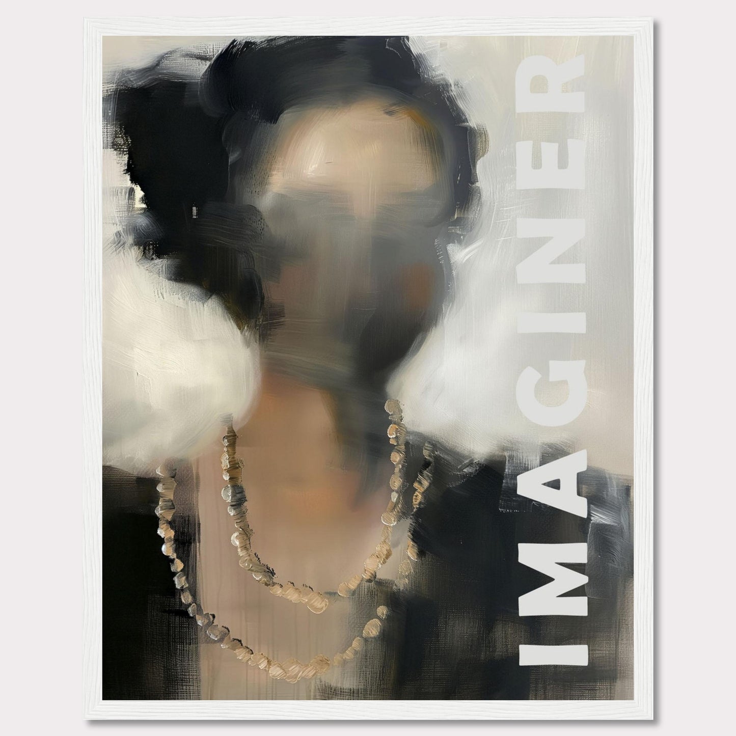 This captivating artwork features an abstract portrait of a person with blurred facial details, adorned with a beaded necklace. The word "IMAGINER" is prominently displayed along the right side, inviting viewers to envision their own interpretations.