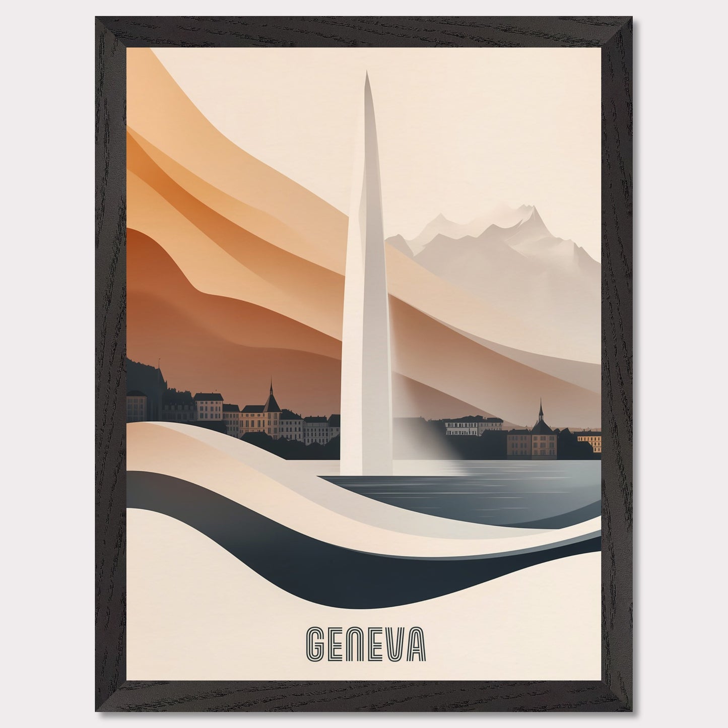 A modern and elegant poster of Geneva’s famous Jet d’Eau fountain, seamlessly blending into the landscape. Smooth curves and warm hues create a sense of fluidity and movement.