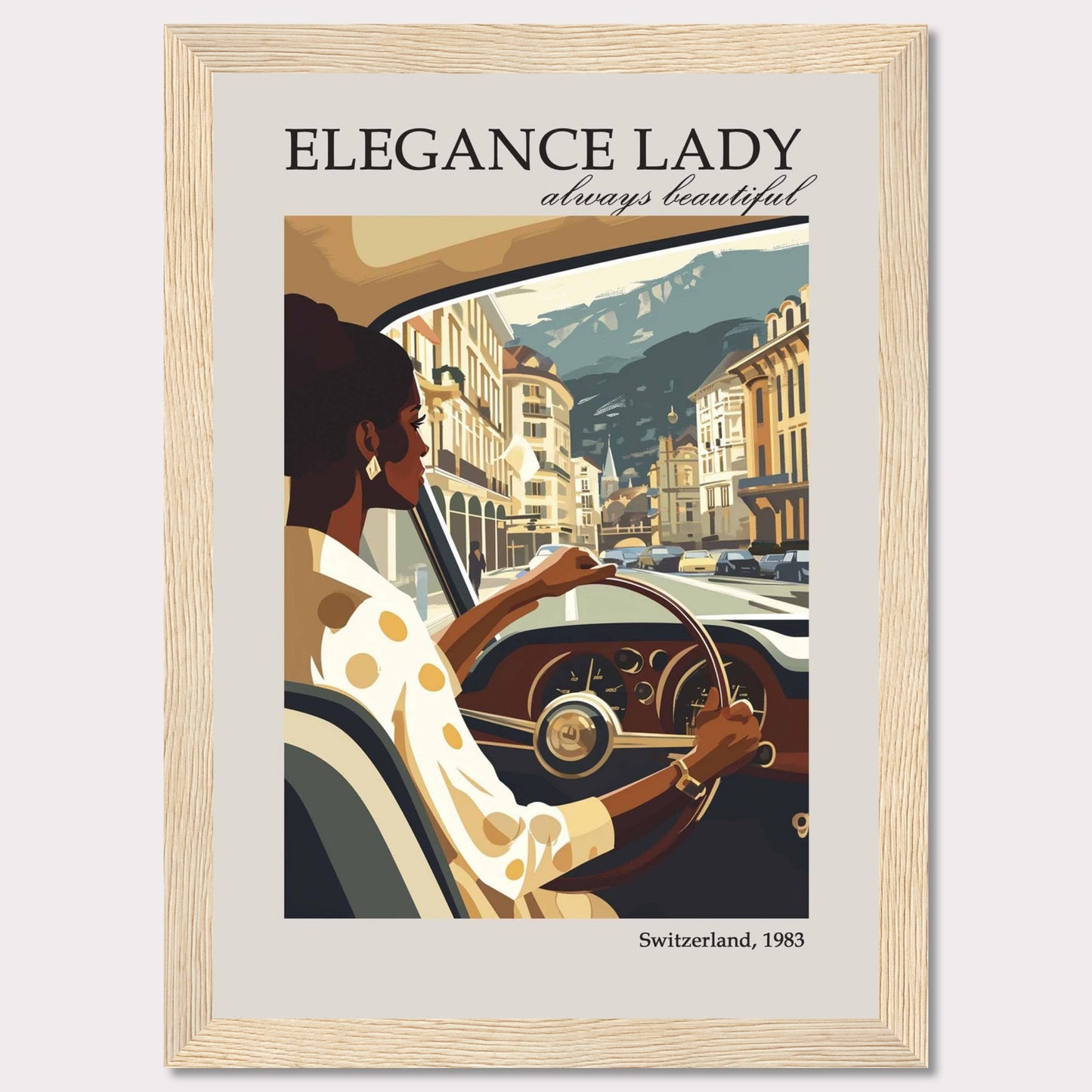 This image depicts a stylish woman driving through a picturesque European city, exuding elegance and confidence.