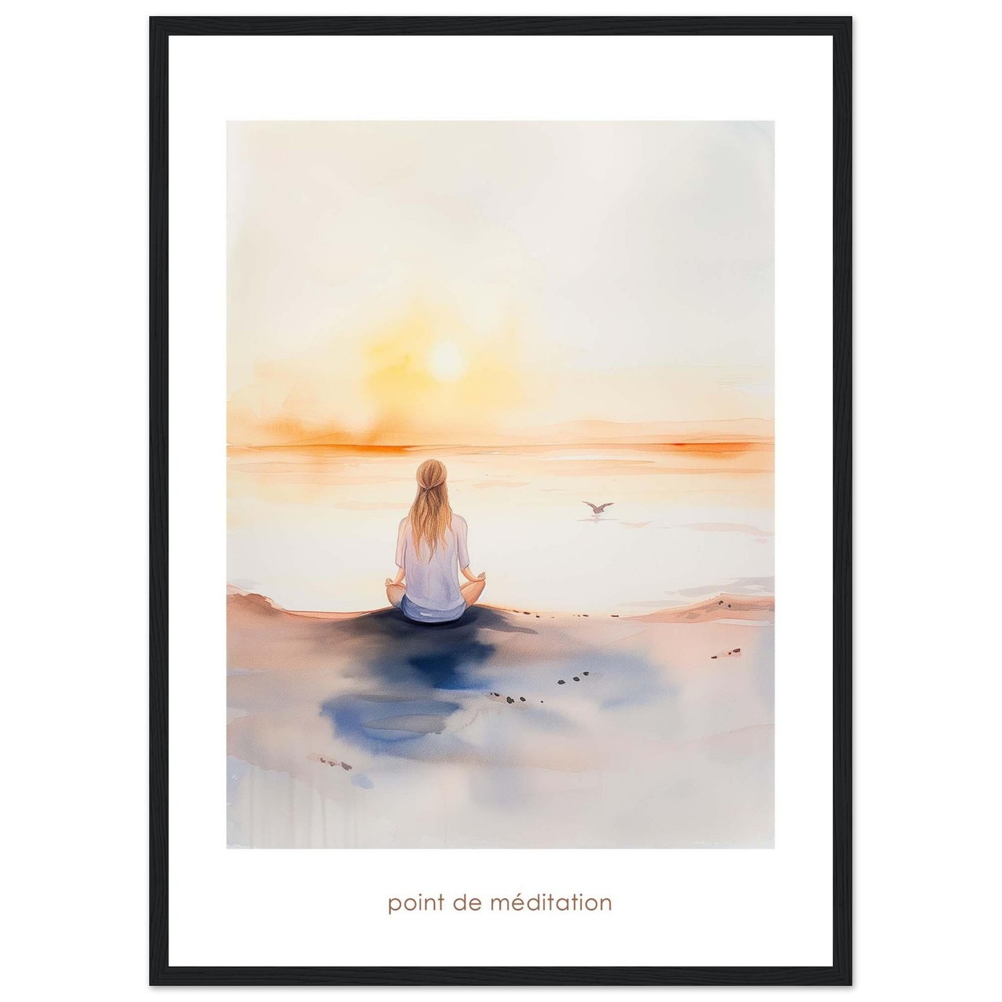 This serene artwork captures a tranquil moment of meditation by the sea at sunrise. A person sits cross-legged on the shore, facing the calming horizon as the sun rises, casting a warm glow over the water. A bird flies gracefully in the distance, adding to the peaceful ambiance. The soft colors and gentle brushstrokes evoke a sense of calm and introspection.