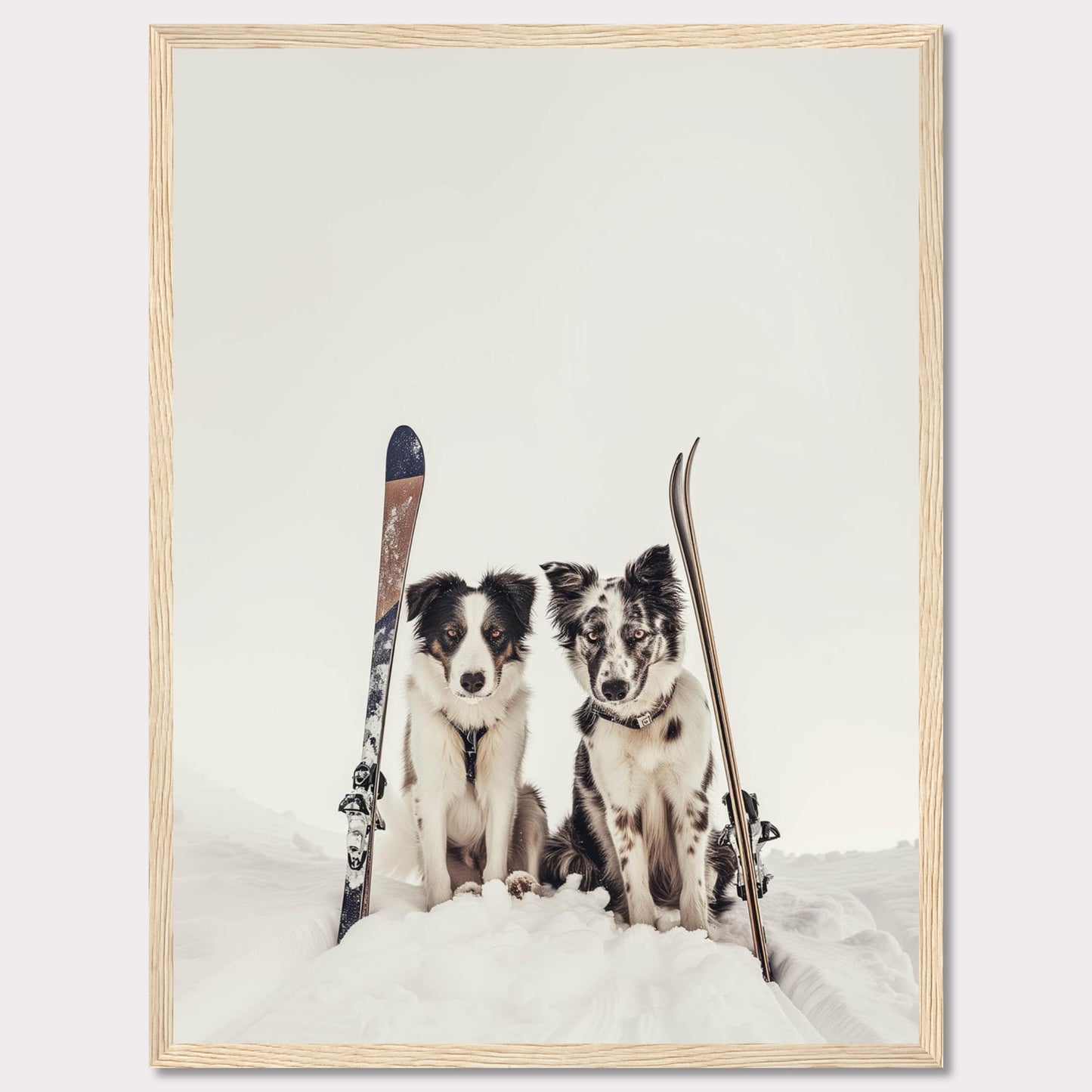 This charming photo captures two adorable dogs sitting in the snow with skis beside them, evoking a sense of adventure and playfulness. The scene is set against a serene snowy backdrop, highlighting the dogs and their playful expressions.