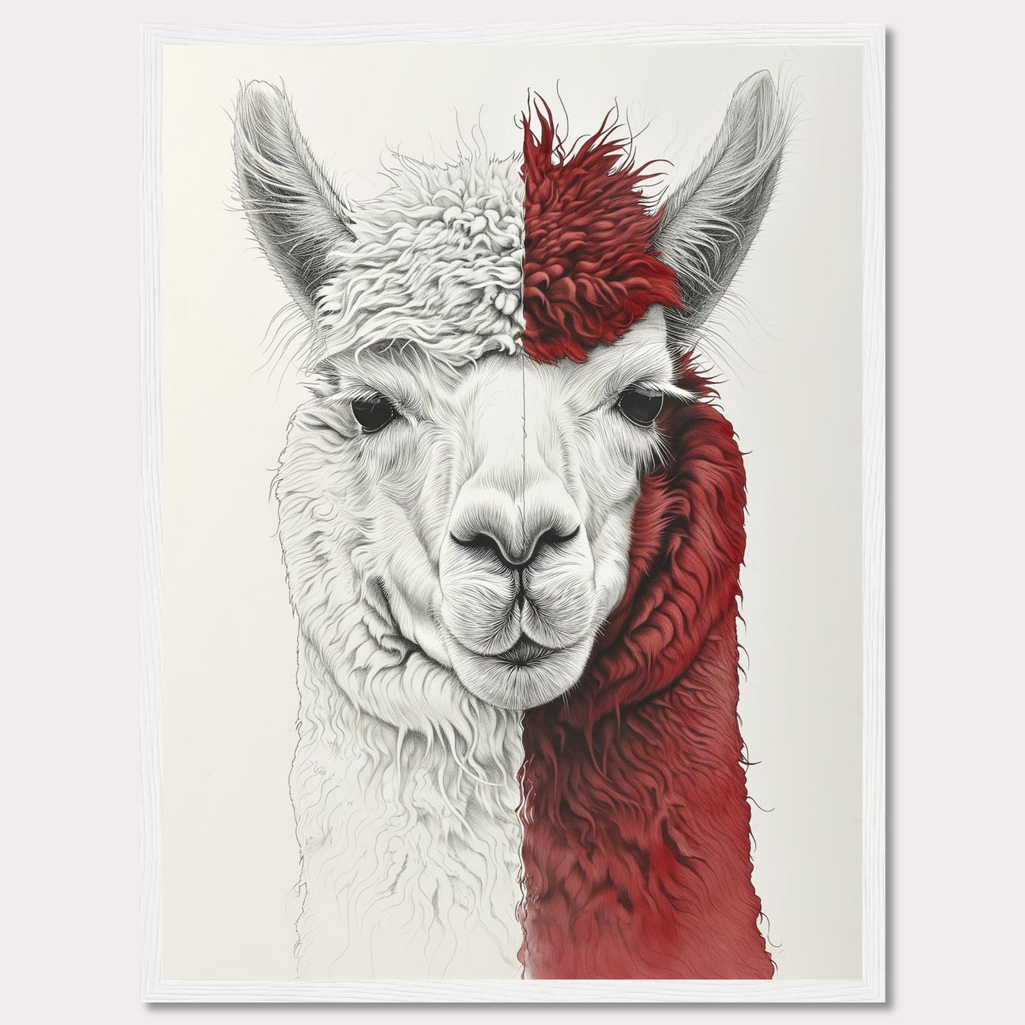 This striking artwork features a detailed illustration of an alpaca with a unique half-white, half-red fur pattern. The intricate lines and textures bring the alpaca's gentle expression to life, making it a captivating piece for any space.