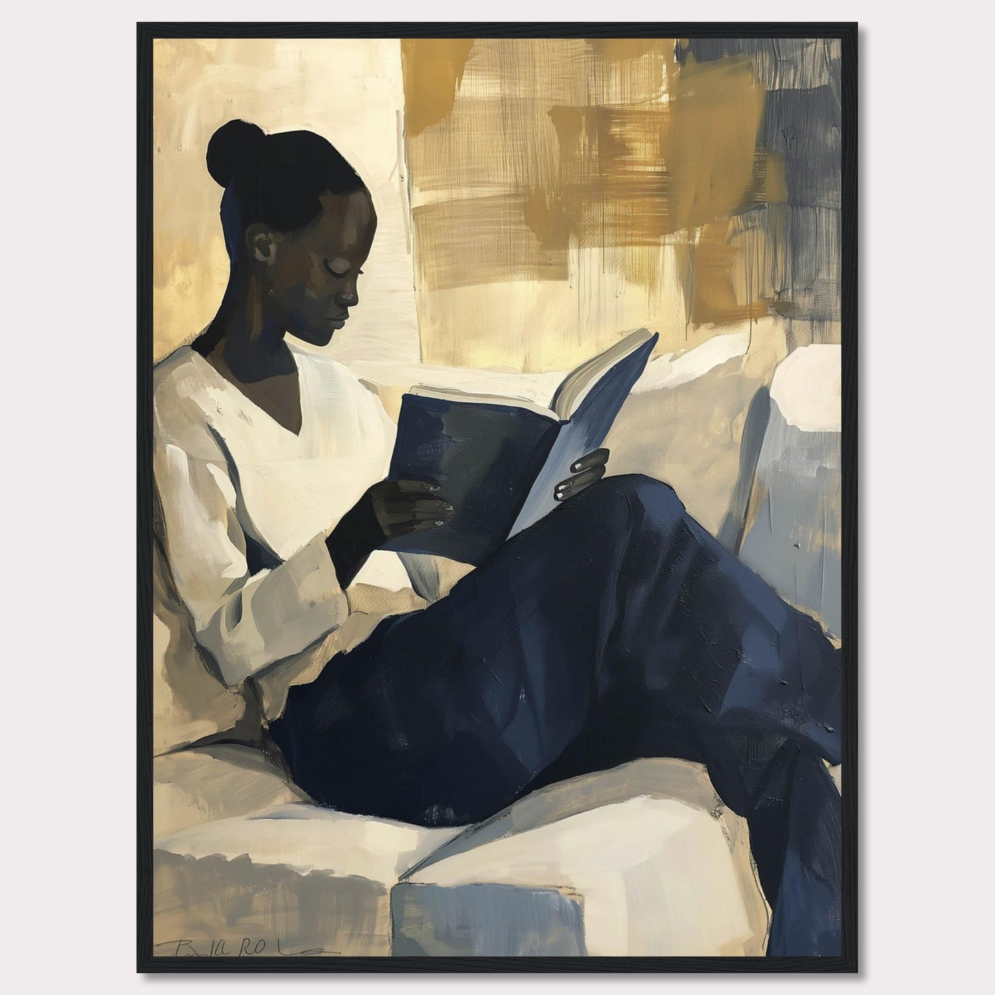 This painting captures a serene moment of a woman deeply engrossed in a book. The artwork uses a muted color palette with shades of beige, blue, and gold, creating a calm and contemplative atmosphere.