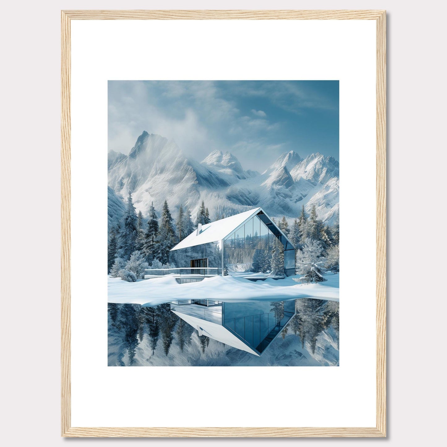 This stunning image showcases a modern glass house nestled in a serene snowy landscape, with majestic mountains in the background. The reflection of the house and trees on the calm water adds to the tranquil ambiance.