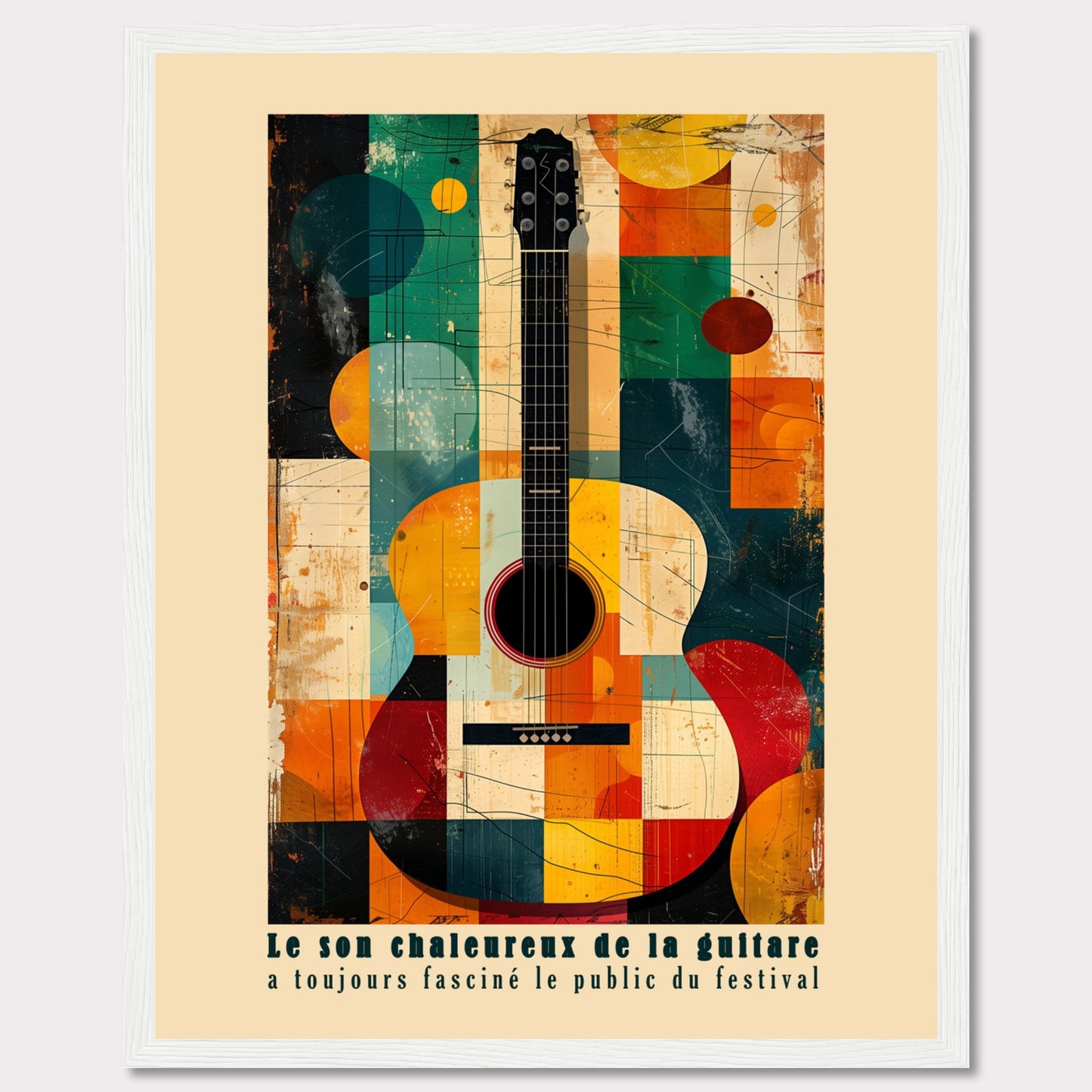 This vibrant artwork features an abstract depiction of an acoustic guitar, blending geometric shapes and bold colors. The French text at the bottom reads, "Le son chaleureux de la guitare a toujours fasciné le public du festival," which translates to "The warm sound of the guitar has always fascinated the festival audience."