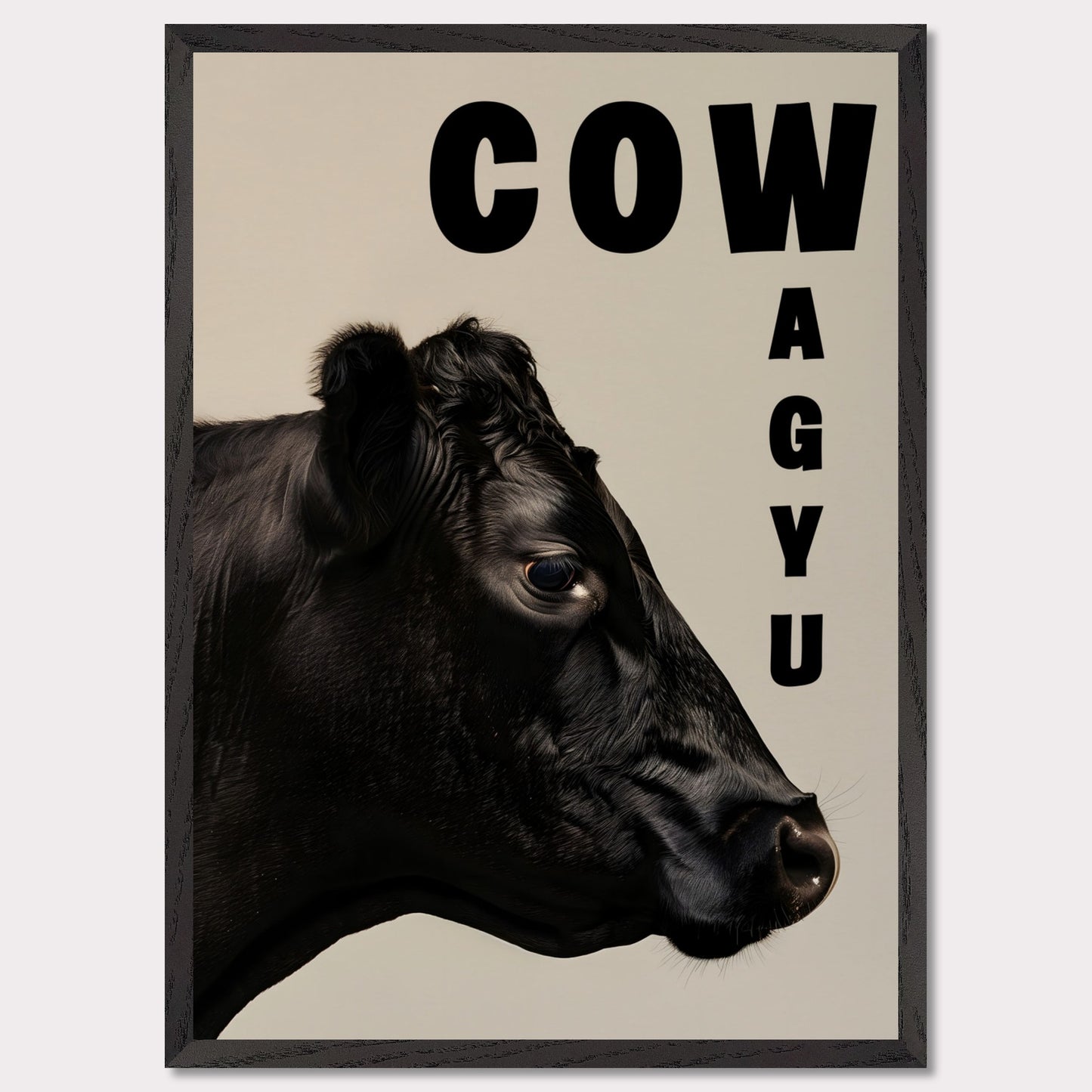 This image features a close-up profile of a black cow against a neutral background. The word "COW" is prominently displayed in bold black letters at the top, while the word "WAGYU" is arranged vertically on the right side.