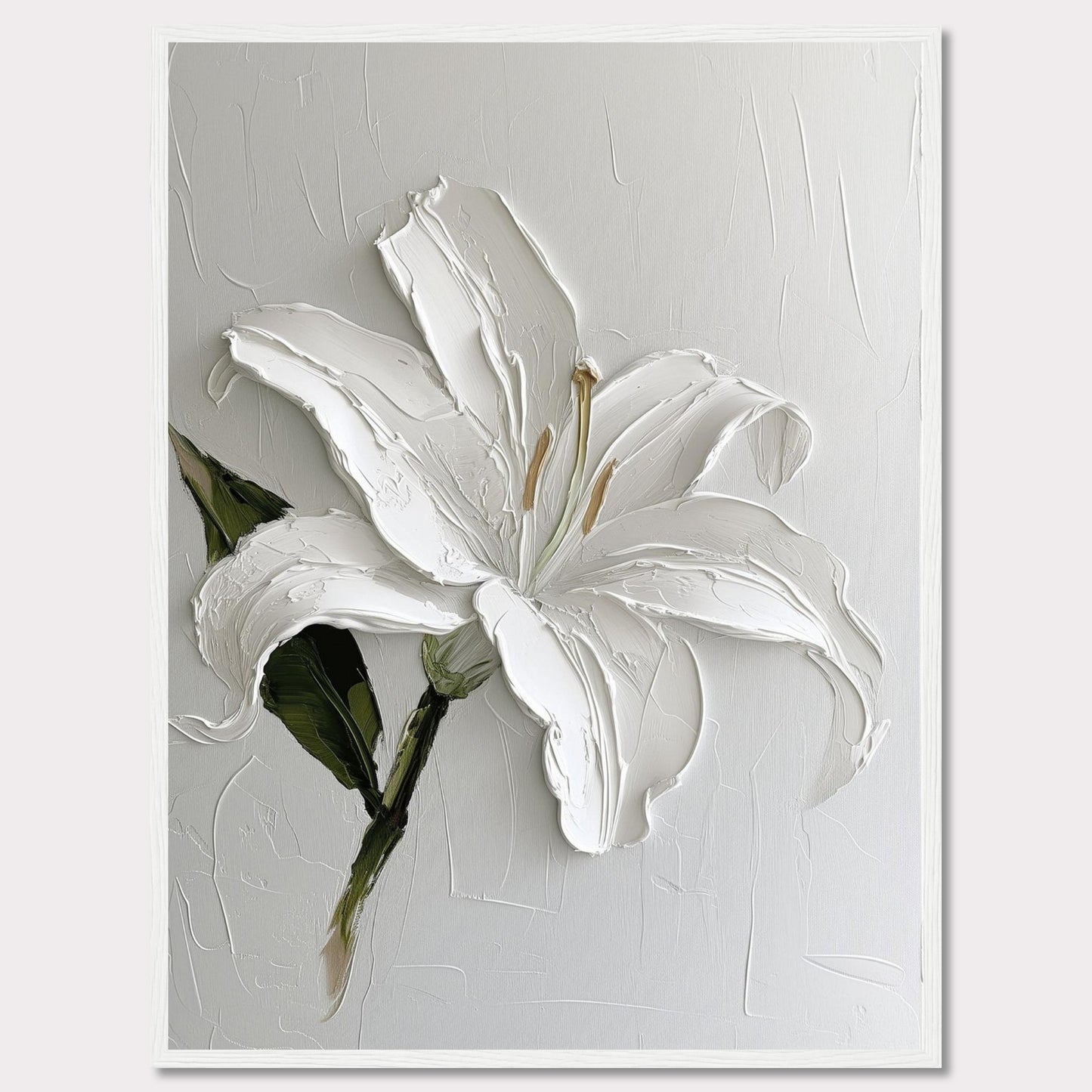 This image showcases a stunning textured painting of a white lily, elegantly framed in black. The thick brushstrokes add depth and dimension to the petals, creating a lifelike appearance. The background is kept minimal, allowing the flower to be the focal point.