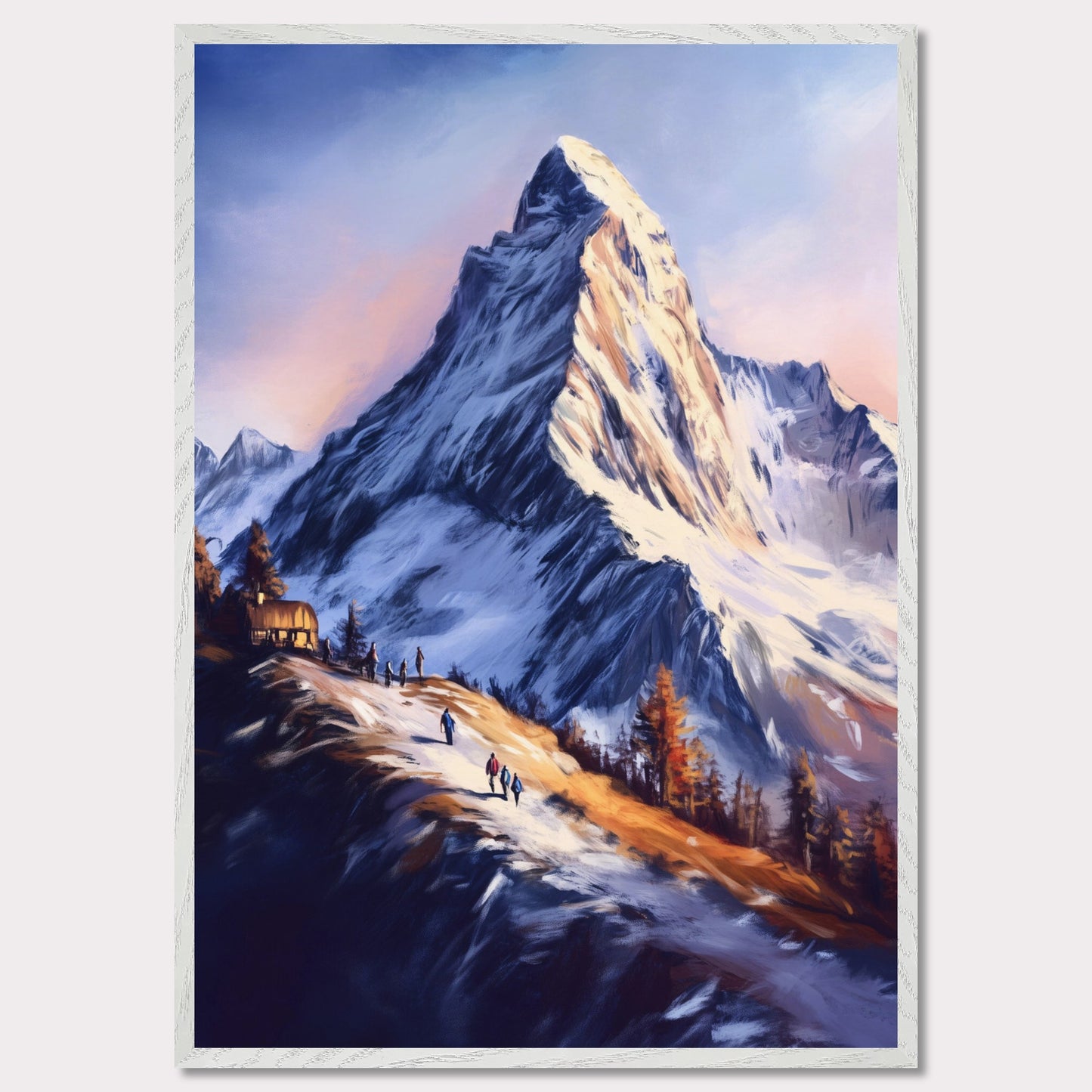 This atmospheric poster captures the awe-inspiring beauty of Zermatt, emphasizing the grandeur of the Matterhorn as it towers over a snow-dusted trail bathed in golden light. The soft, painterly style evokes a sense of tranquility and adventure, blending the rugged alpine landscape with the warmth of human activity.