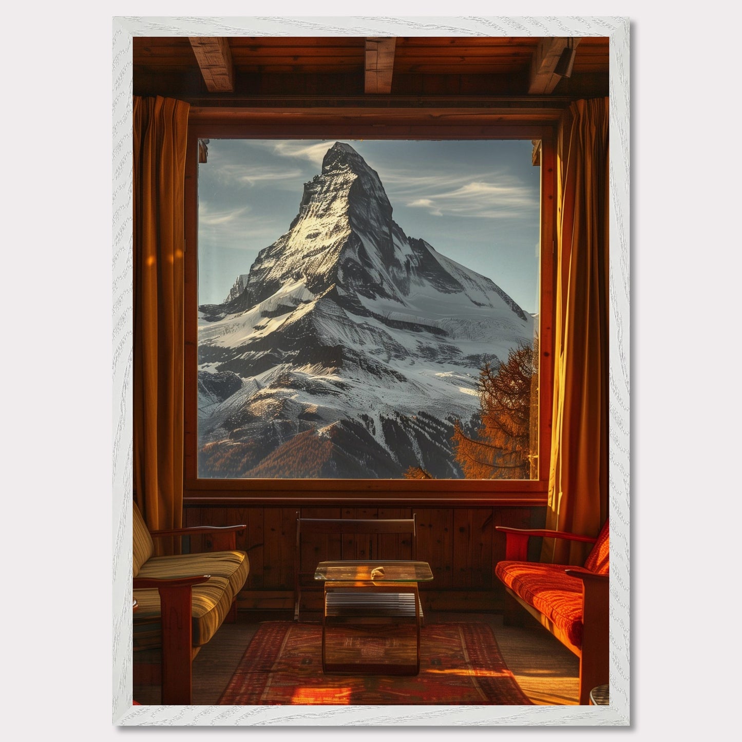 This stunning image captures a breathtaking view of a snow-capped mountain through a large window from a cozy wooden cabin. The warm interior contrasts beautifully with the majestic, cold mountain outside.