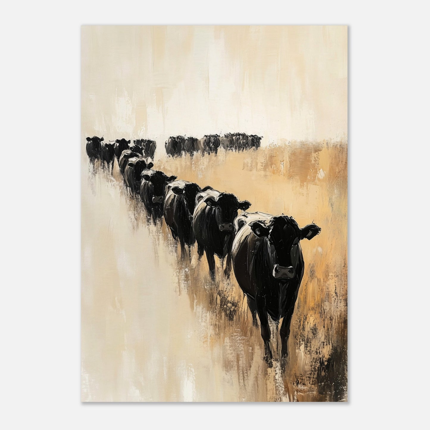 This captivating artwork portrays a herd of black cows walking in a line across a serene, golden field. The abstract brush strokes and muted color palette evoke a sense of calm and tranquility.