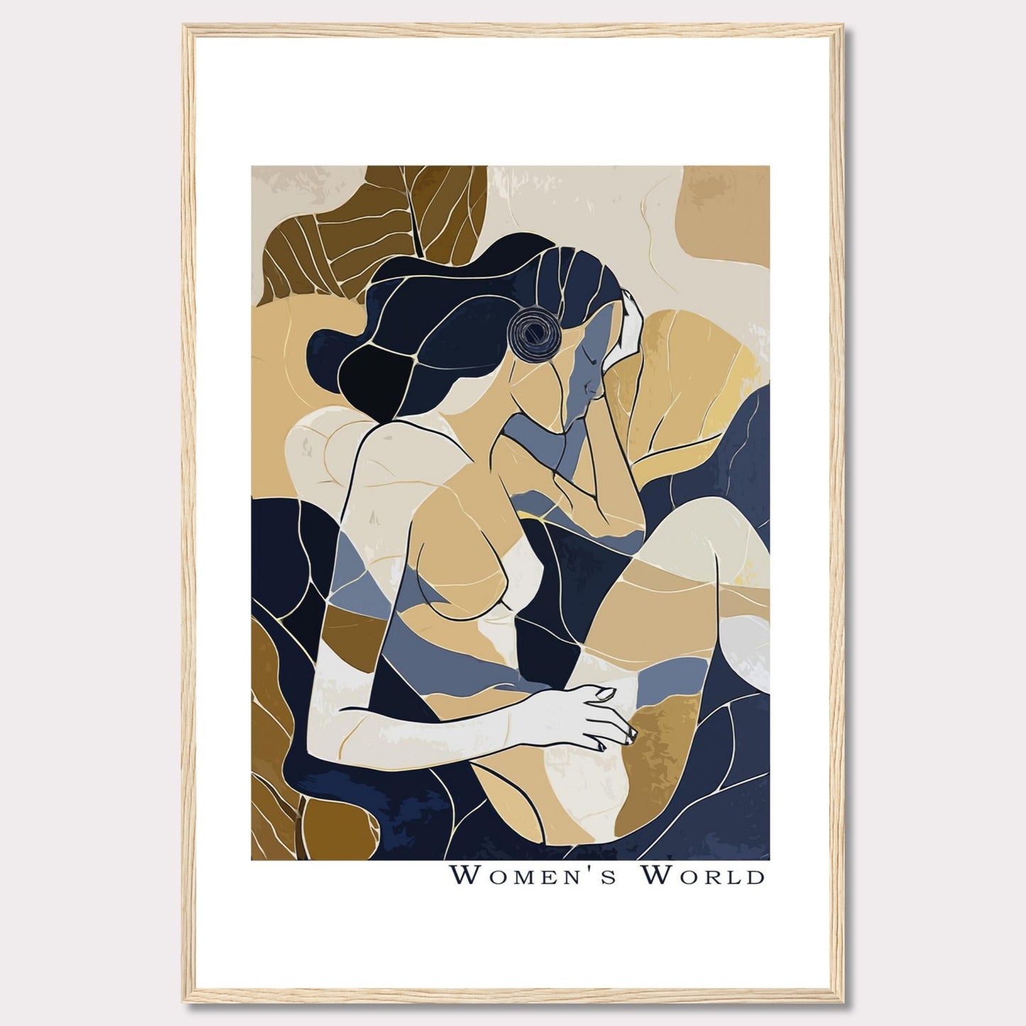 This is a contemporary art print titled "Women's World," featuring an abstract depiction of a woman in muted tones of blue, beige, and brown. The artwork is framed in a sleek black frame.