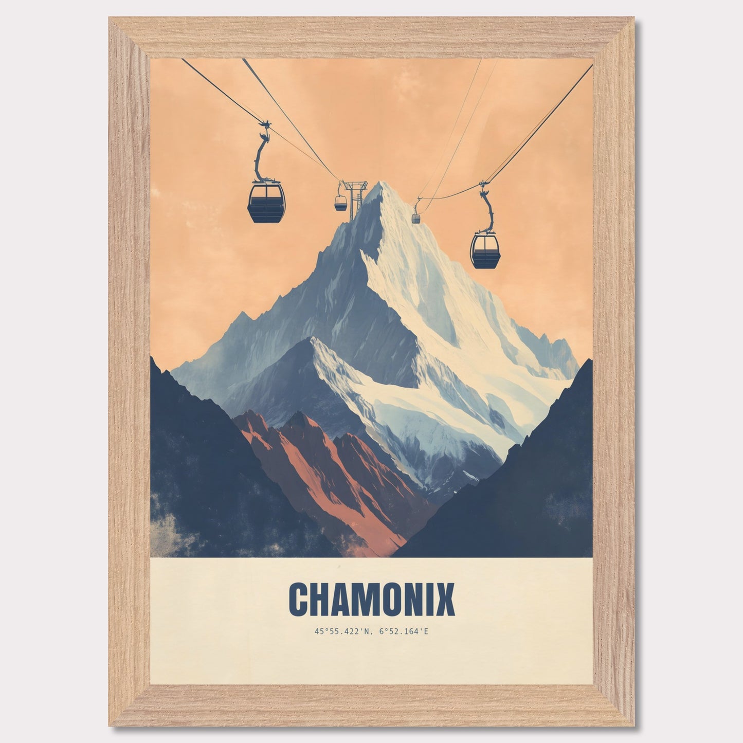 This striking poster showcases the dramatic ascent to Chamonix’s peaks, with cable cars stretching across the sky towards the snow-covered mountains. The bold contrasts between deep shadows and glowing light create an atmosphere of adventure and grandeur.