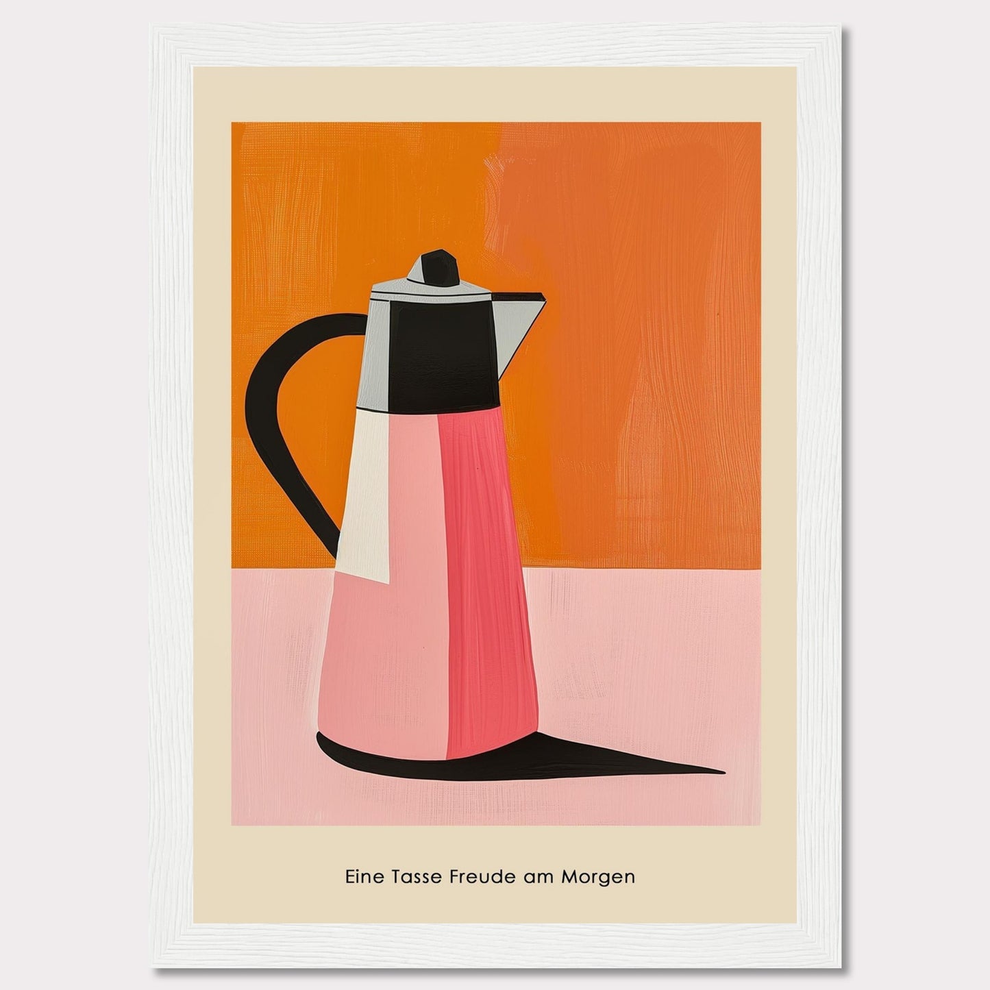 This image features a vibrant, modern art depiction of a coffee pot against a bold orange and pink background.