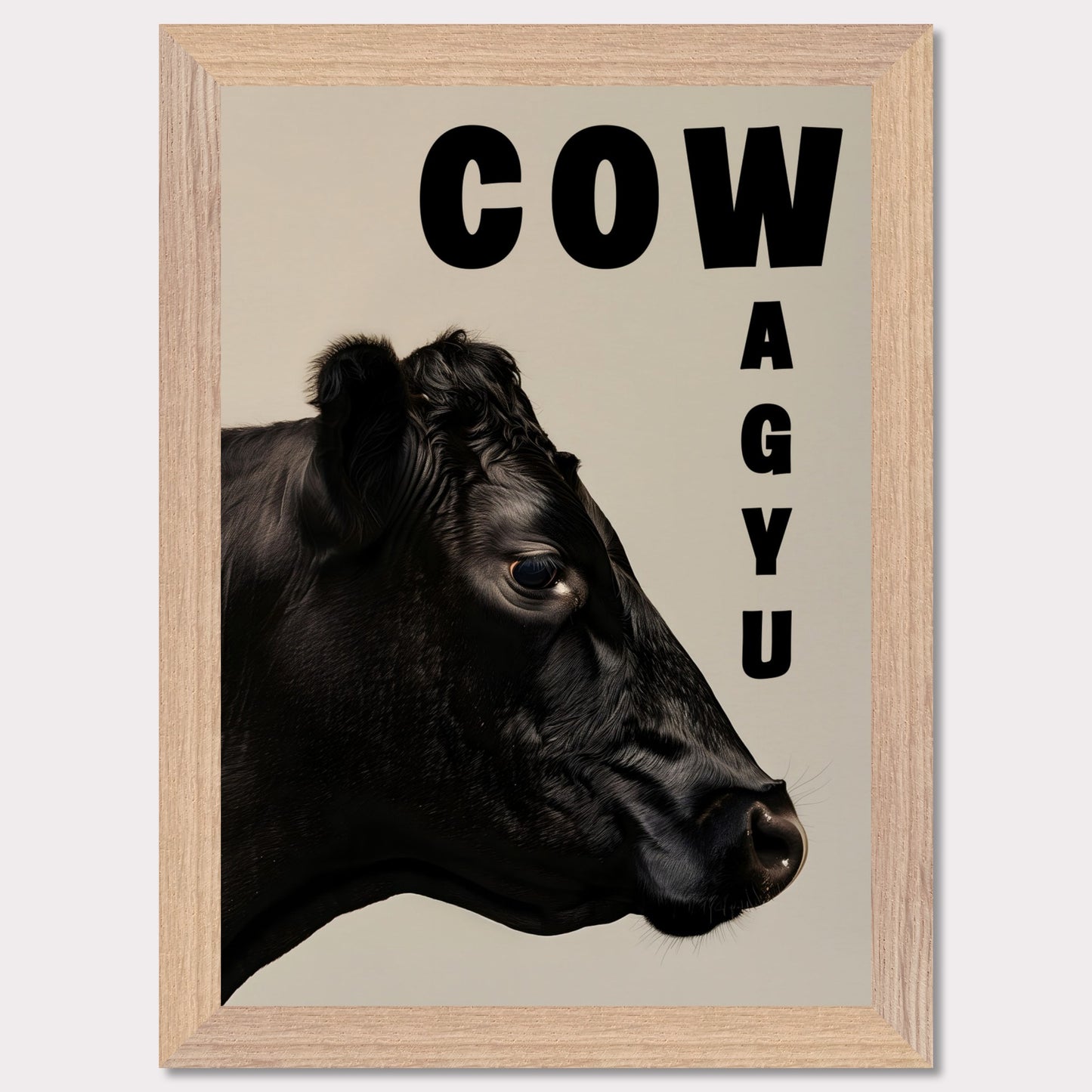 This image features a close-up profile of a black cow against a neutral background. The word "COW" is prominently displayed in bold black letters at the top, while the word "WAGYU" is arranged vertically on the right side.