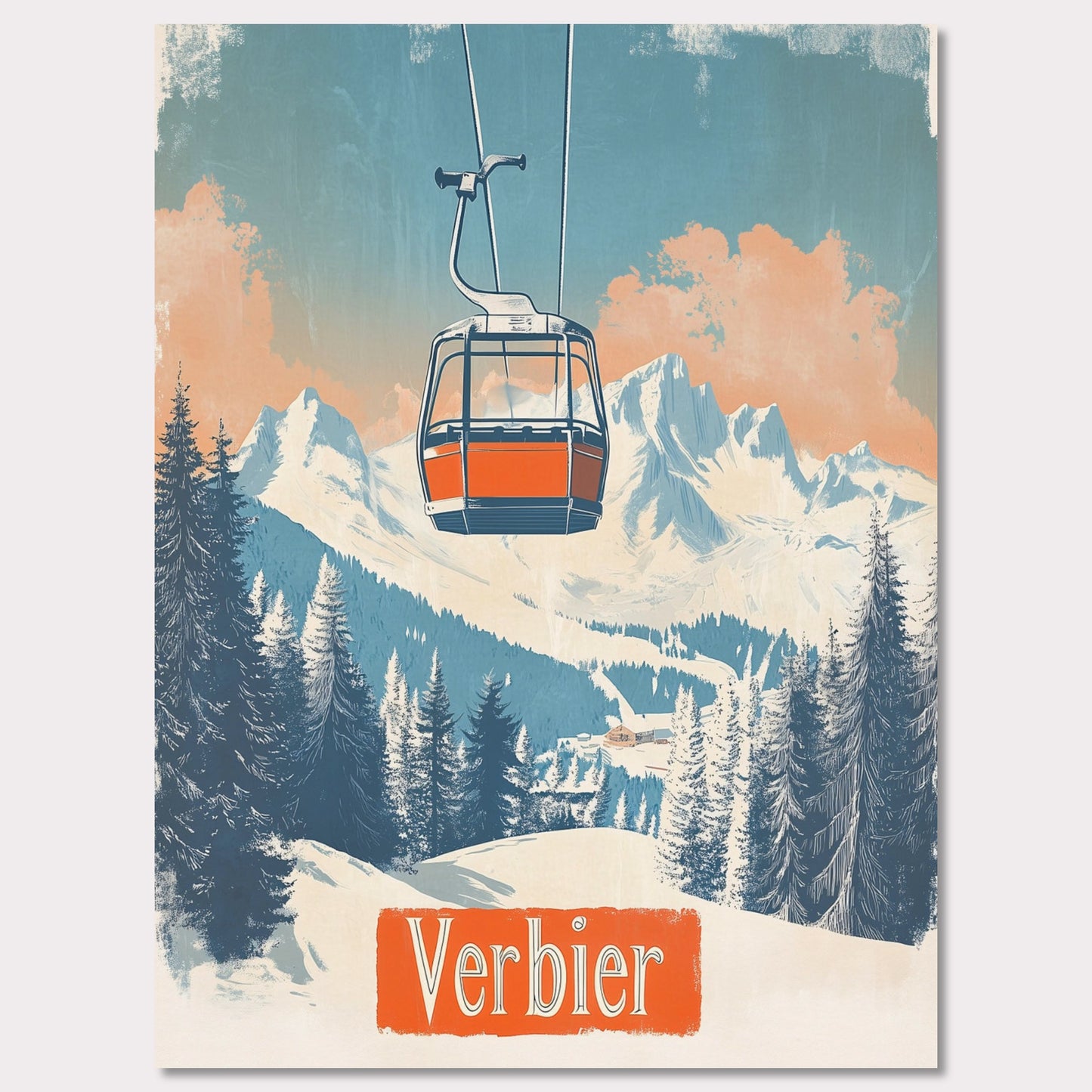 This picturesque retro-inspired poster showcases a vibrant orange gondola gracefully ascending the snowy mountainside of Verbier. The tranquil beauty of the landscape is captured with soft pastel tones in the sky, complemented by the rugged peaks in the distance. The modern gondola stands in contrast to the pristine, snow-covered trees, evoking a sense of peaceful adventure and the journey to the mountain’s summit. The vintage art style enhances the nostalgic vibe of alpine exploration.