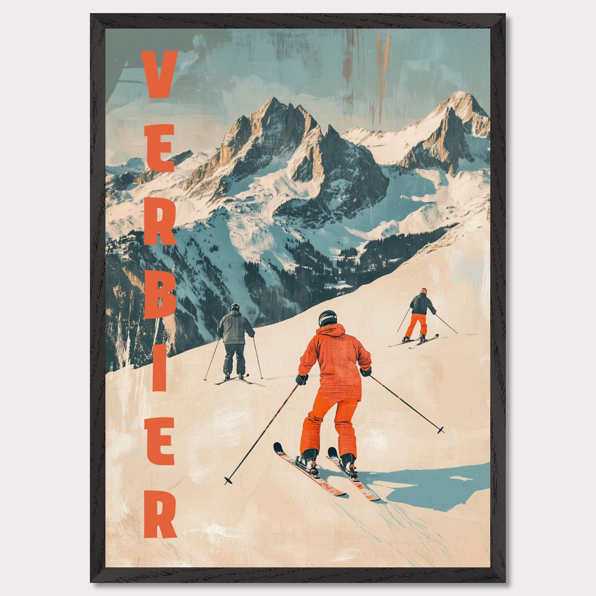 This retro-inspired poster vividly captures the exhilarating spirit of skiing in Verbier. A group of skiers clad in bold orange descends a pristine alpine slope, set against the majestic backdrop of rugged, snow-covered peaks. The textured vintage art style and muted color palette evoke nostalgia while celebrating the dynamic energy of winter sports.