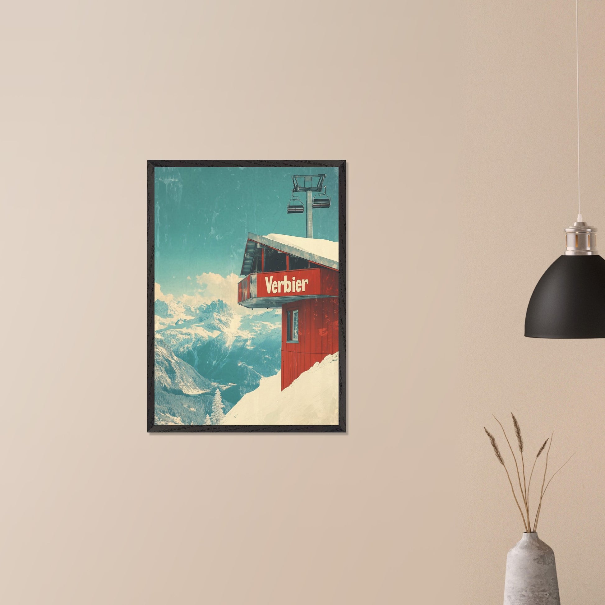 This vintage-inspired poster showcases a modern gondola station perched high above Verbier’s slopes. The gondola’s red cabin stands out against the pristine white snow, with majestic alpine peaks framing the view. The soft blue sky, accented by the vintage design, gives a timeless quality to the image. The simplicity and elegance of the gondola station invite viewers to imagine their own journey up the mountain, surrounded by the beauty of the Swiss Alps.