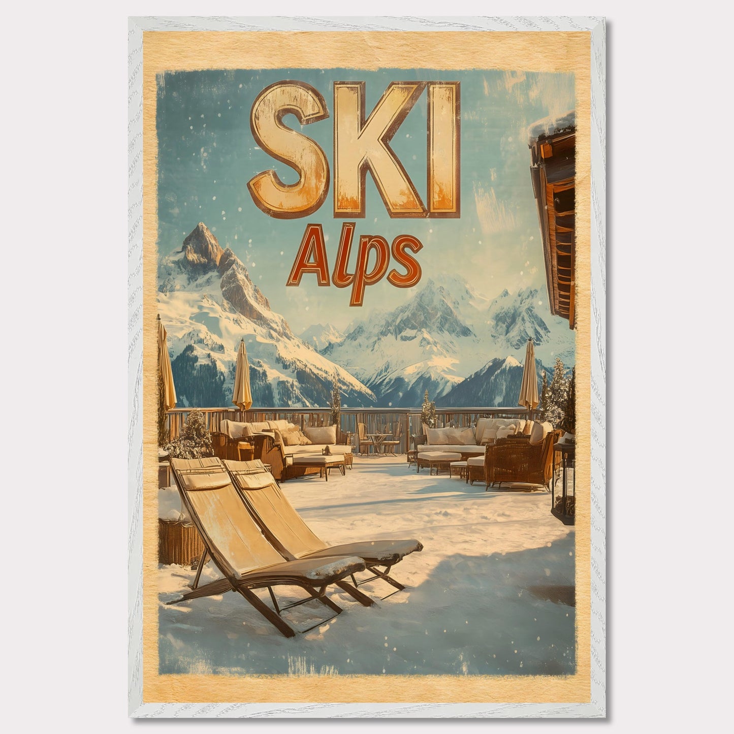 This captivating poster presents a luxurious alpine terrace overlooking majestic snowy peaks. The cozy lounge chairs, wooden railings, and soft golden light create an inviting winter escape. The serene atmosphere and breathtaking views evoke a sense of tranquility and connection to nature.