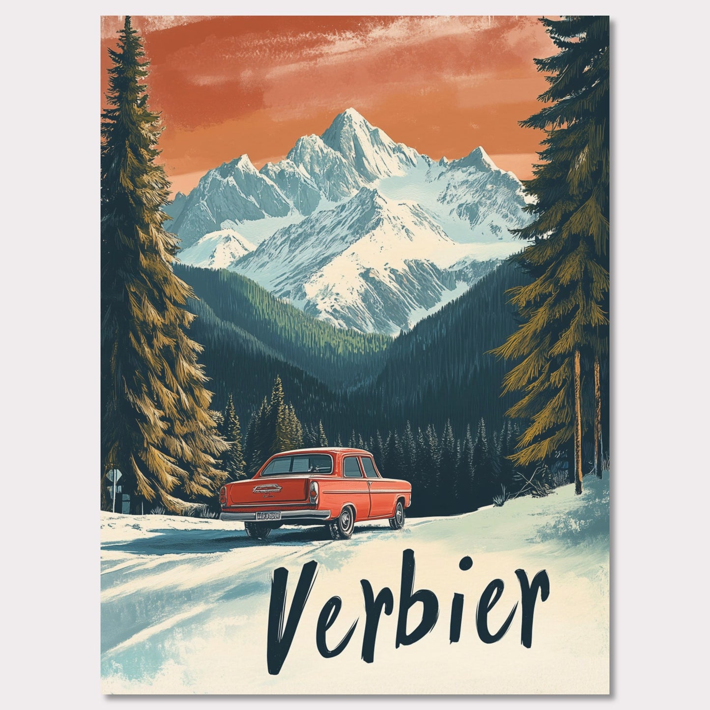 This striking retro-style poster depicts a vintage car driving through a snowy mountain landscape in Verbier. The red car stands out against the backdrop of majestic, snow-covered peaks and towering trees, with the warm orange hues of the sky adding to the nostalgic vibe. The vintage typography and artistic style evoke the allure of road trips through the Swiss Alps, offering a sense of freedom and adventure in a winter wonderland.