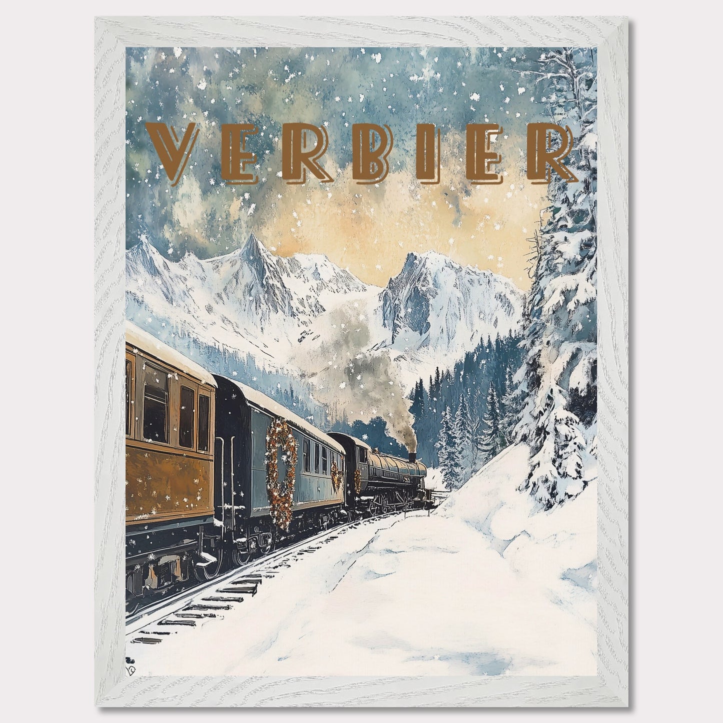 This enchanting winter poster showcases a vintage steam train winding through the snow-covered landscapes of Verbier. The train, adorned with festive wreaths, travels against a backdrop of majestic alpine peaks, tall evergreen trees, and a serene winter sky with softly falling snowflakes. The golden light filtering through the clouds adds a warm, nostalgic glow to the scene, evoking the magic of winter travel.