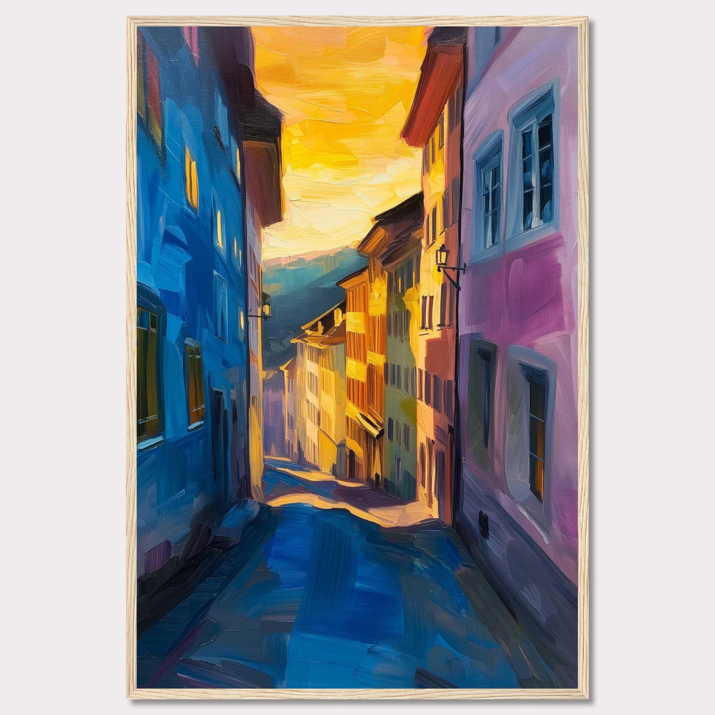 This vibrant painting captures a charming street scene bathed in the warm glow of a sunset. The artwork features colorful buildings, with hues of blue and pink dominating the foreground, while the background fades into golden tones. The narrow street creates a sense of depth, drawing the viewer's eye towards the distant horizon. The play of light and shadow adds a dynamic and lively feel to the piece.