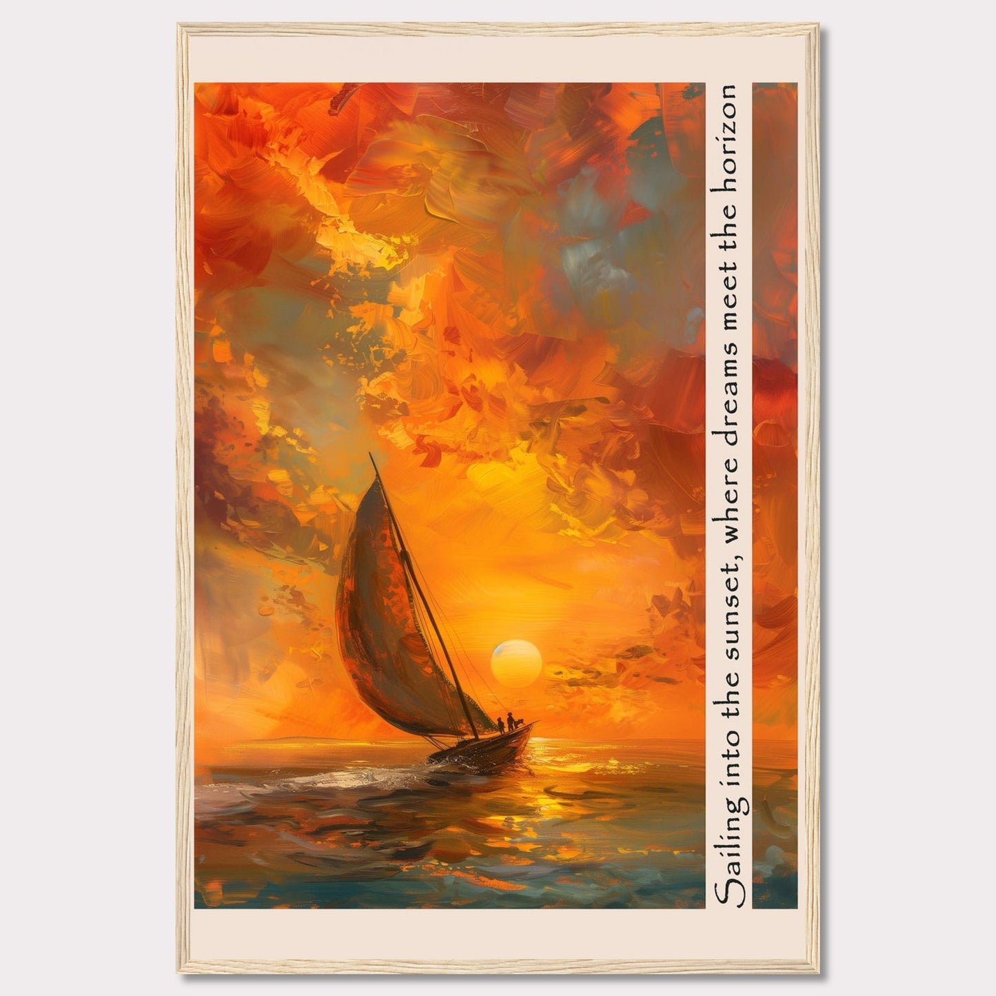 This captivating artwork depicts a sailboat gliding through the vibrant hues of a sunset, where the sky meets the sea in a harmonious blend of colors. The painting's warm tones evoke a sense of tranquility and adventure.