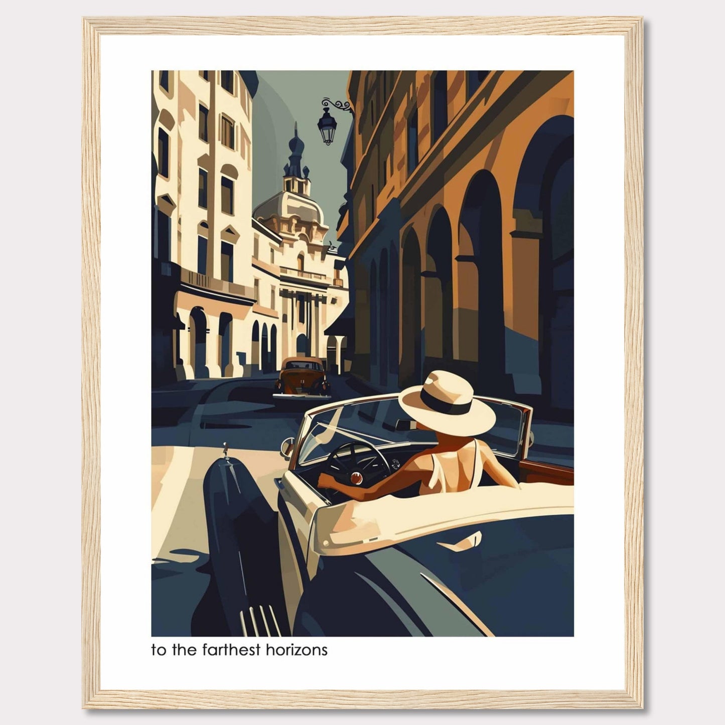 This captivating artwork depicts a stylish individual driving a vintage car through a charming, sunlit European street. The scene is filled with architectural beauty, showcasing classic buildings and a serene atmosphere.