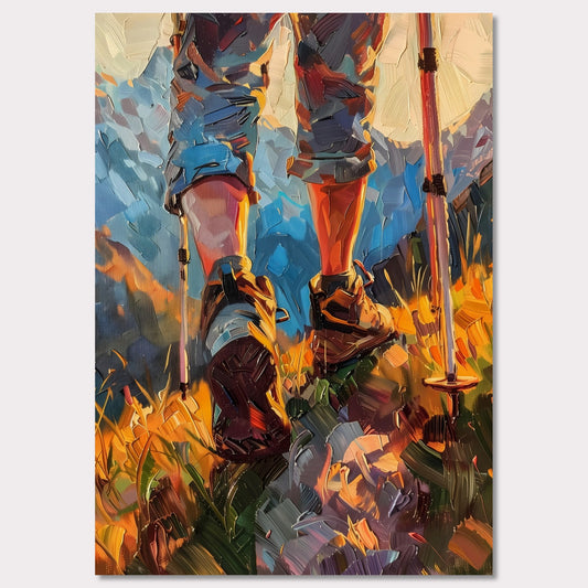 This illustration depicts a hiker's legs and feet as they traverse a vibrant, mountainous landscape. The scene is painted with bold, expressive brushstrokes, emphasizing the dynamic movement and rugged terrain.