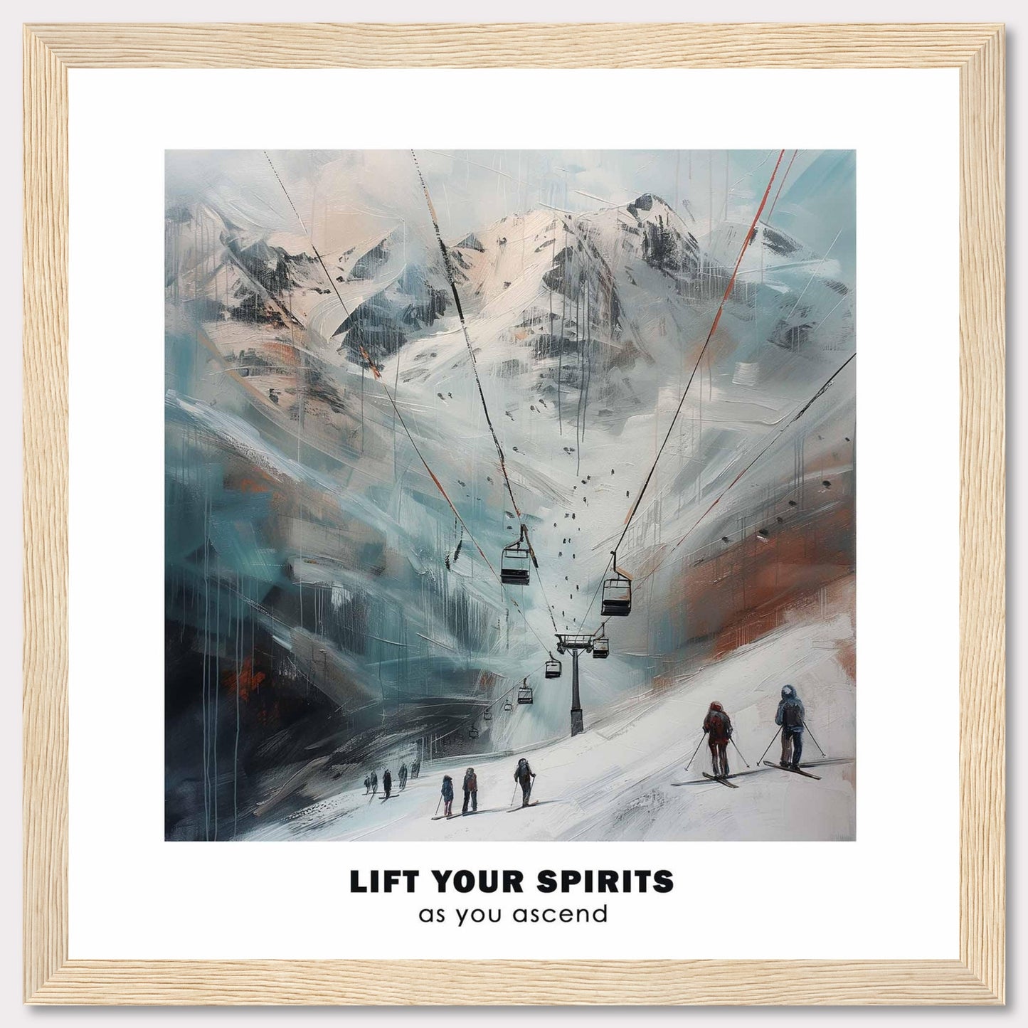 This image showcases a serene mountain landscape with ski lifts ascending towards snowy peaks. The scene features skiers at the base, ready to embark on their journey up the slopes.