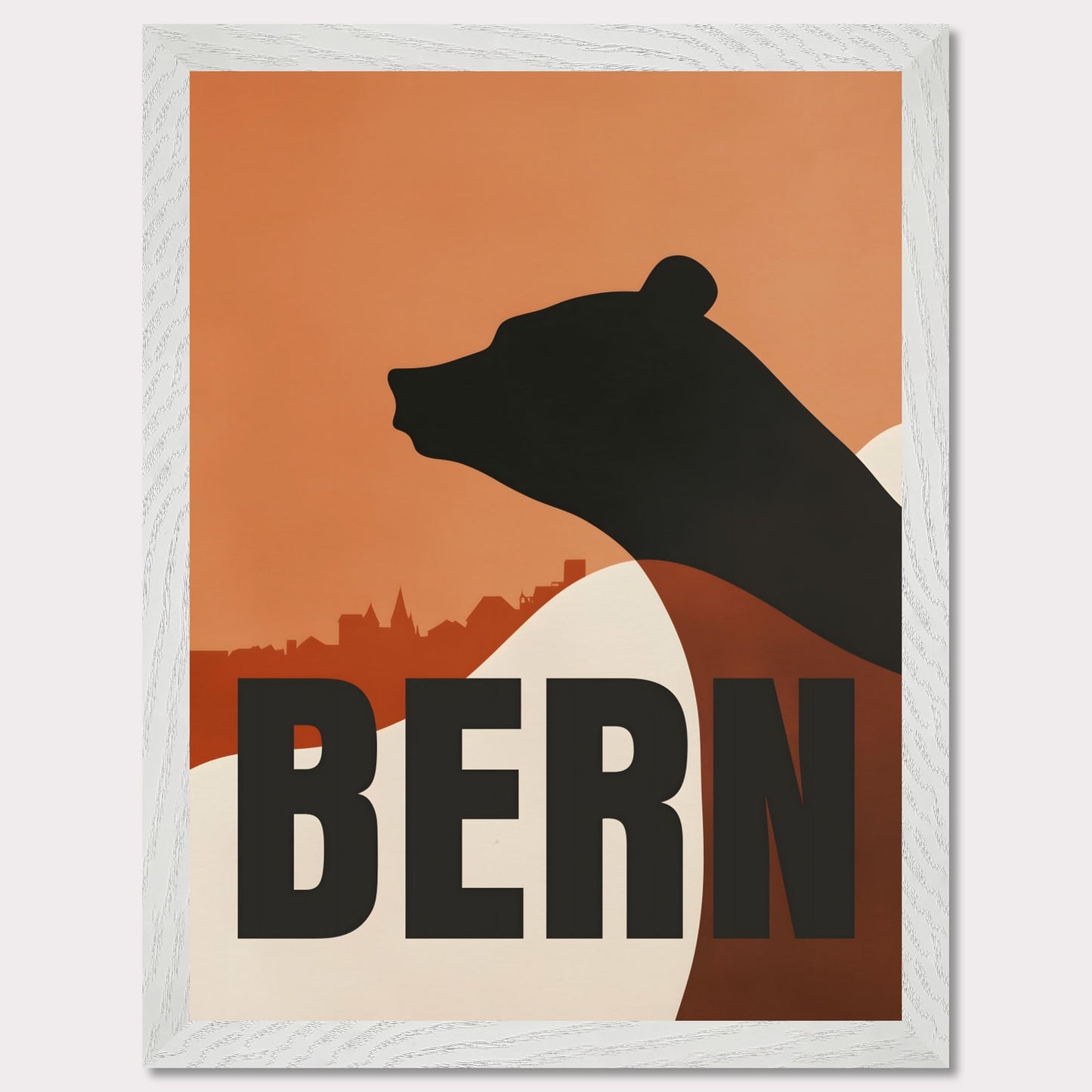 This minimalist poster features the silhouette of a bear — the symbol of Bern — against an orange sky and the city's architectural skyline. Simple yet profound, the design captures the atmosphere of Switzerland's capital and its rich cultural heritage.