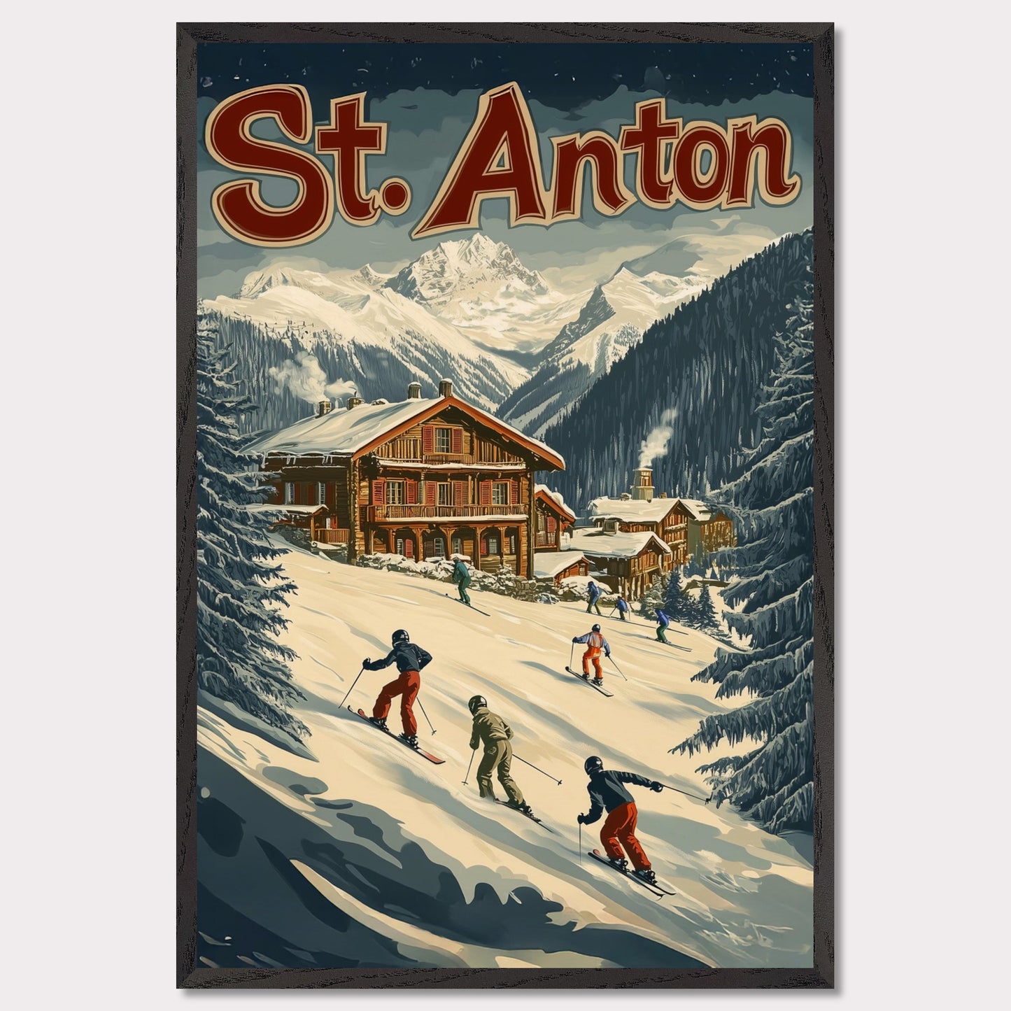 This minimalist yet striking poster captures the essence of St. Anton's alpine charm through its dynamic composition and vintage-inspired design. At the heart of the image is a group of skiers gracefully descending the snowy slopes, framed by towering evergreens and a cozy wooden chalet. The vibrant yet balanced color palette enhances the lively appeal, blending a sense of adventure and winter serenity.