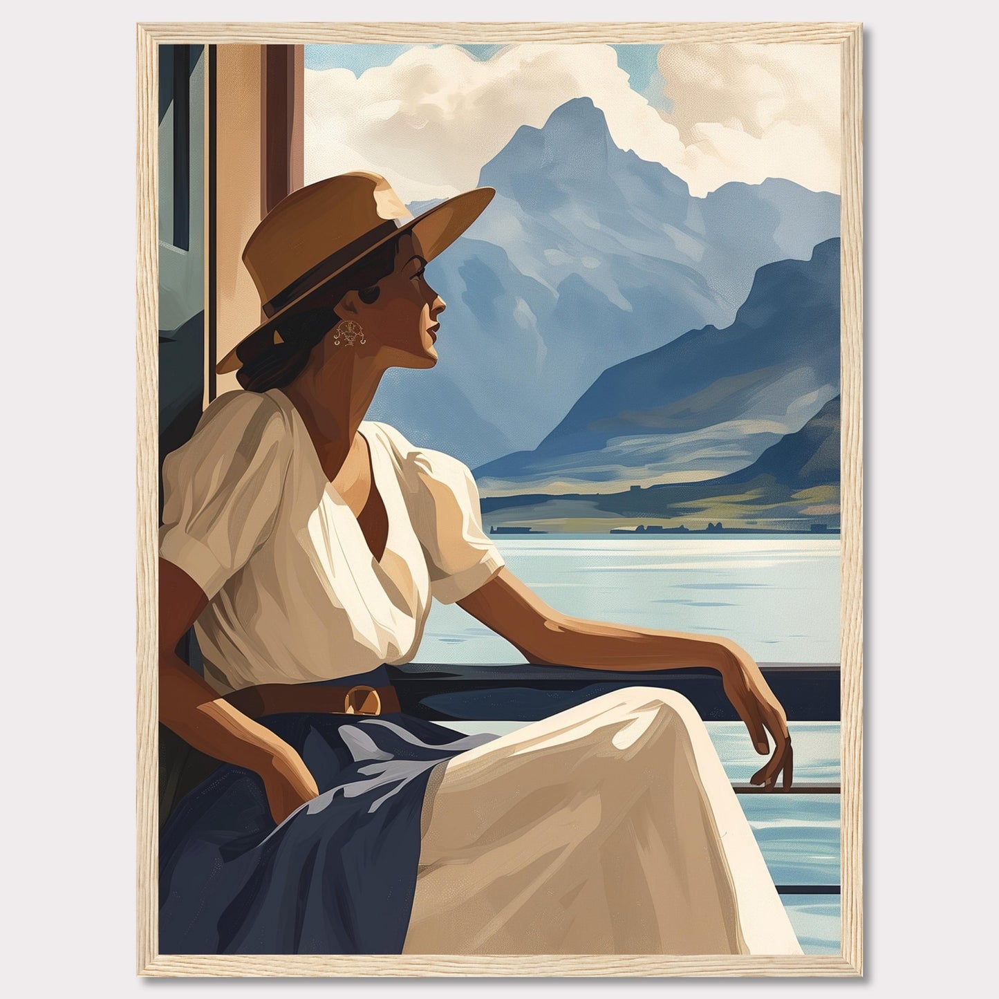 This captivating artwork features a serene woman in a white dress and wide-brimmed hat, gazing out at a tranquil lake with majestic mountains in the background. The scene evokes a sense of peace and contemplation, inviting viewers to pause and appreciate the beauty of nature.