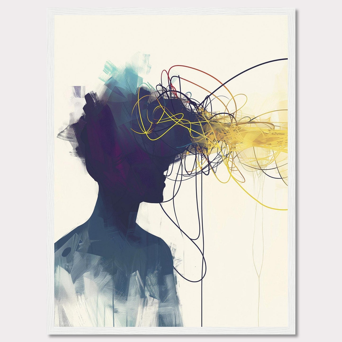 This captivating artwork features the silhouette of a person with an explosion of colorful, tangled lines emanating from their head, representing thoughts and creativity. The abstract design is set against a minimalist background, contrasting the vibrant colors with the dark silhouette.