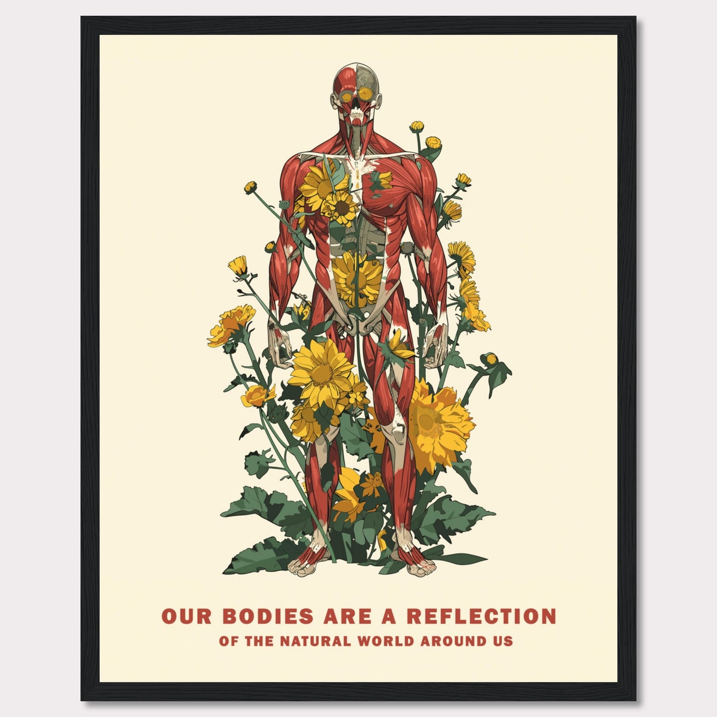 This image features a detailed anatomical illustration of a human body intertwined with vibrant yellow flowers and green foliage. The artwork highlights the connection between human anatomy and nature.