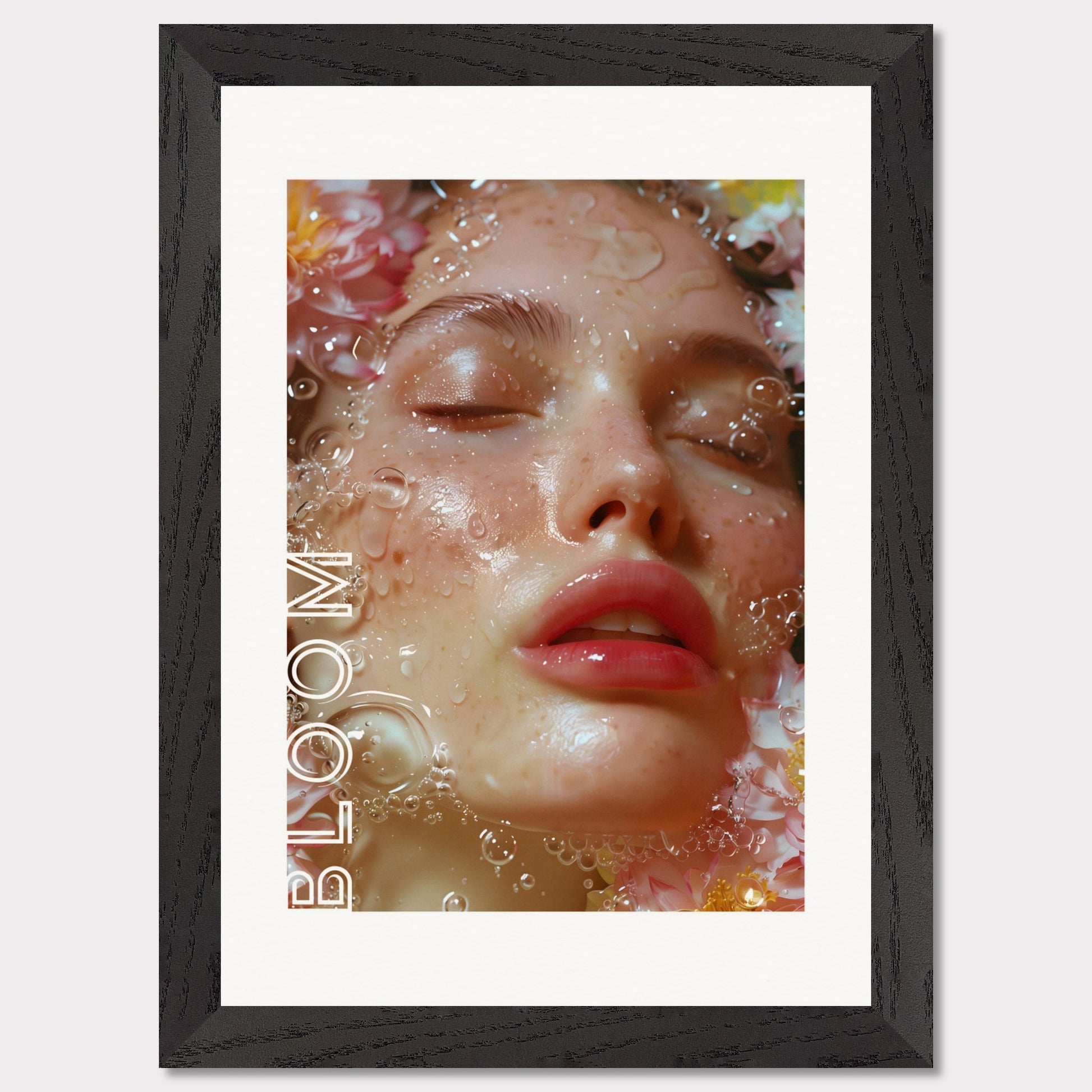 This illustration features a close-up of a serene face with closed eyes, surrounded by water droplets and flowers. The word "BLOOM" is prominently displayed along the left side.

Where this poster will fit: This poster would be ideal for a bedroom, living room, or beauty salon.