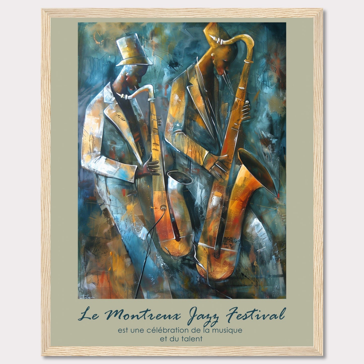 This vibrant artwork captures the essence of jazz with two musicians passionately playing their saxophones. The rich, abstract background adds depth and movement to the scene, emphasizing the dynamic nature of the music. The text at the bottom reads, "Le Montreux Jazz Festival est une célébration de la musique et du talent," highlighting the festival's celebration of music and talent.