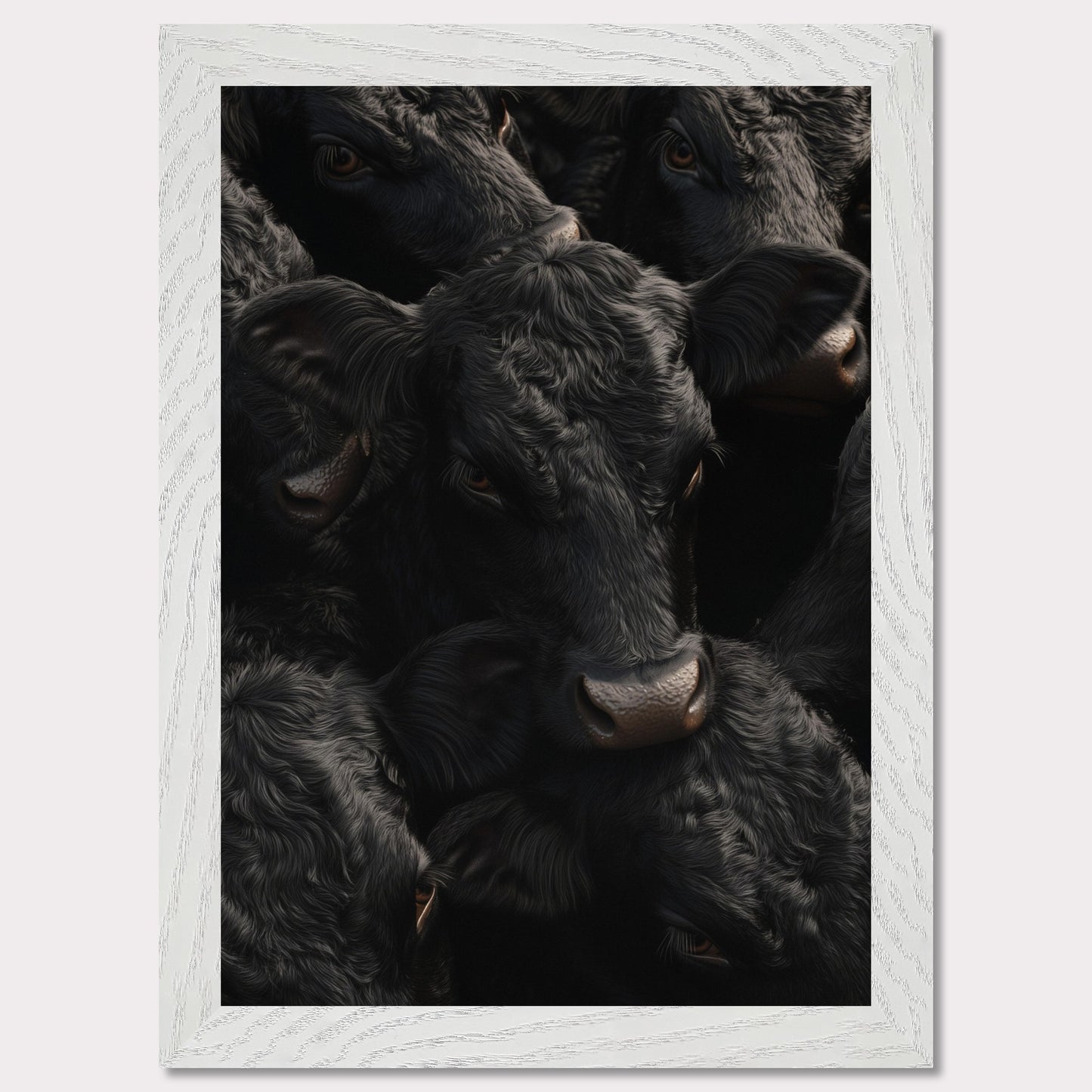 This captivating artwork features a close-up view of several black cows, their faces and textures intricately detailed. The image exudes a sense of unity and calmness among the animals.