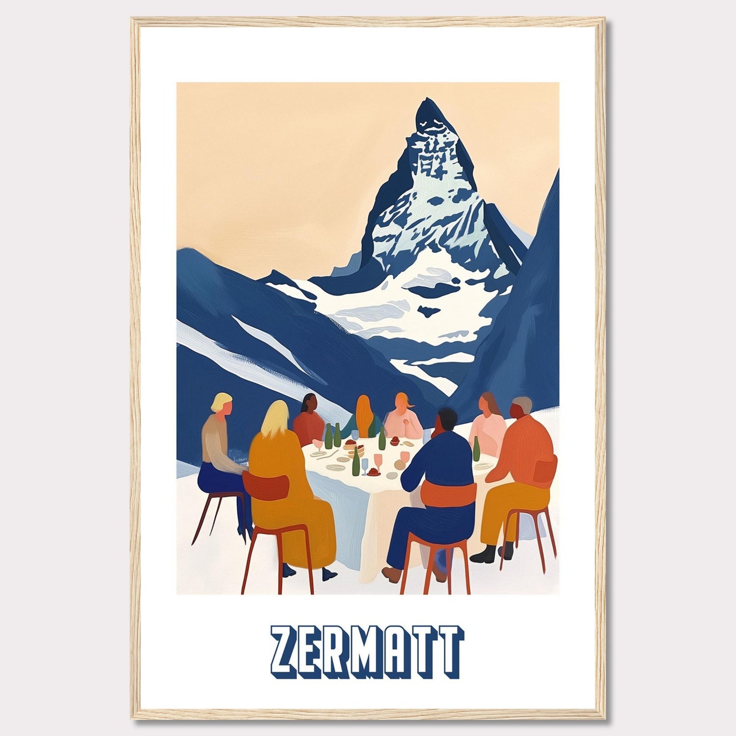 A vibrant and artistic illustration of a group of people dining outdoors with the majestic Matterhorn mountain in the background. The scene captures the essence of Zermatt, Switzerland.