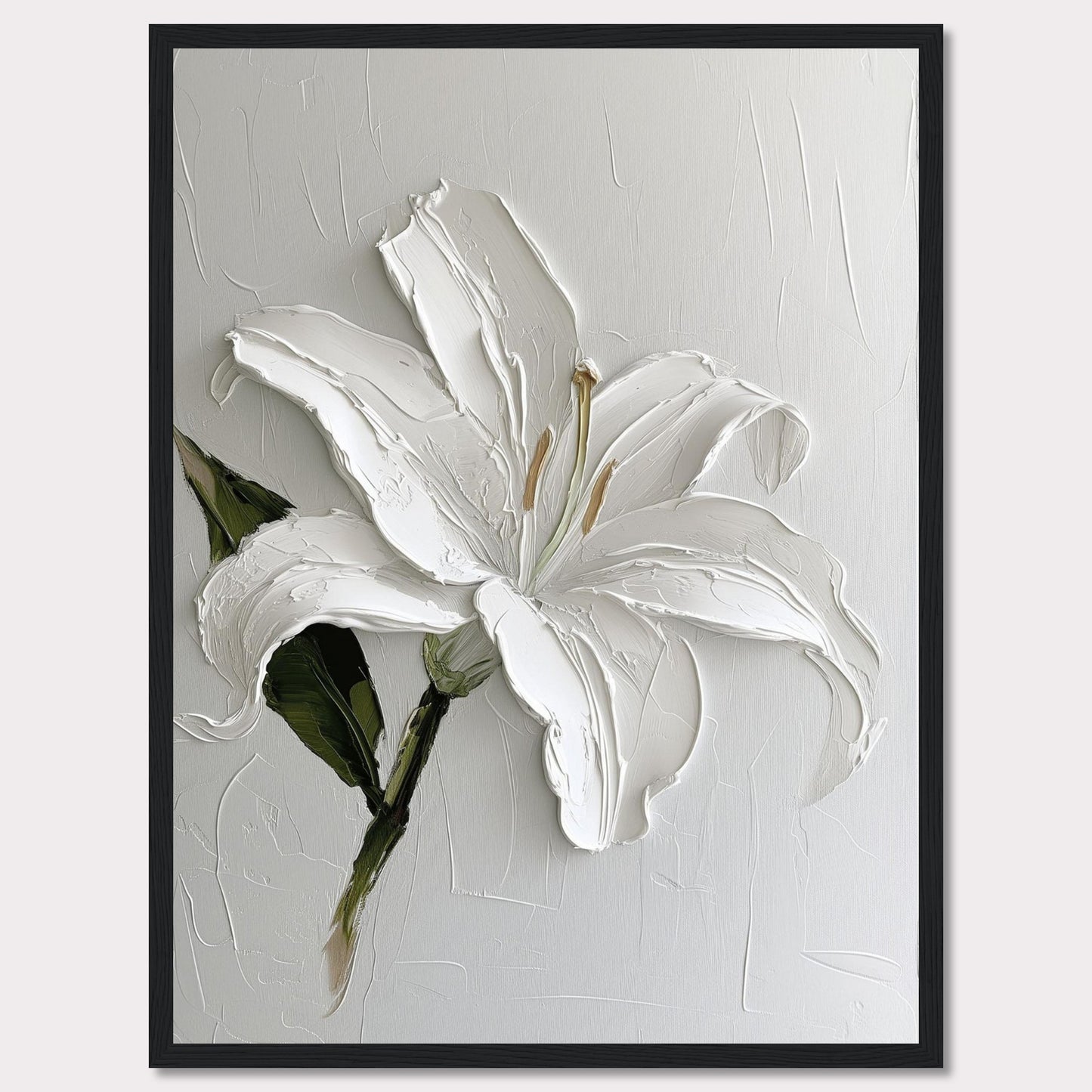 This image showcases a stunning textured painting of a white lily, elegantly framed in black. The thick brushstrokes add depth and dimension to the petals, creating a lifelike appearance. The background is kept minimal, allowing the flower to be the focal point.