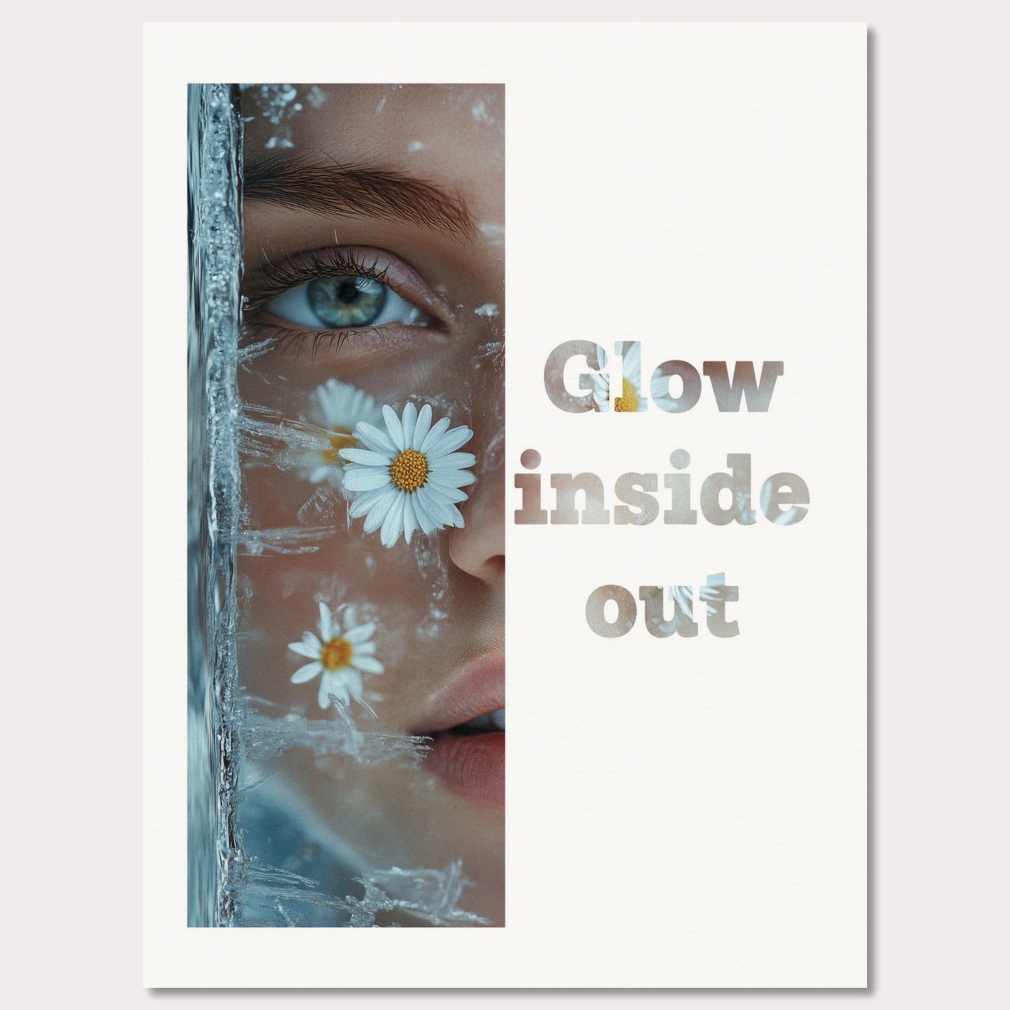 This illustration features a close-up of a person's face with daisies and ice crystals. The text "Glow inside out" is prominently displayed beside the image.

Where will this poster fit: Living room, bedroom, office, hallway, or studio.