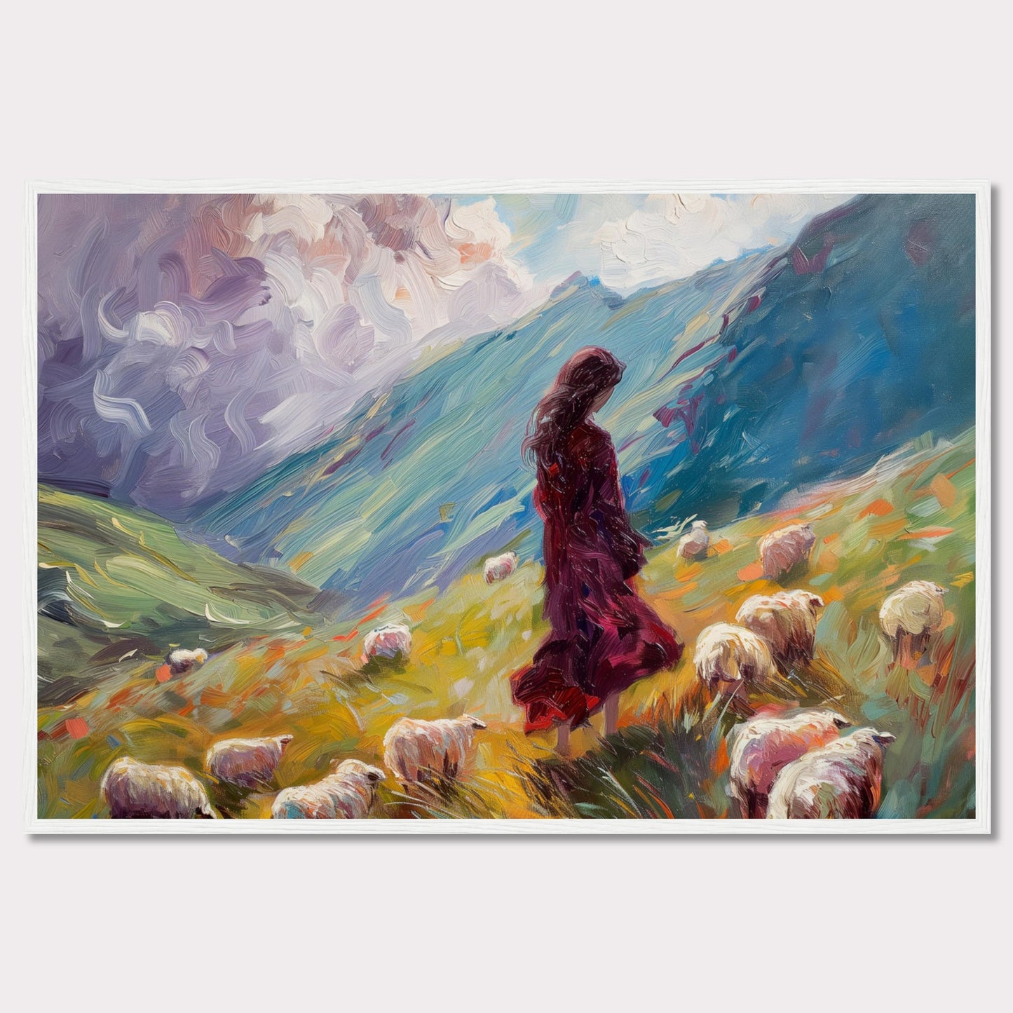 This captivating painting portrays a serene pastoral scene where a woman in a flowing red dress stands amidst a flock of sheep on a vibrant, rolling hillside. The background features dramatic, swirling clouds and lush green mountains, creating a sense of tranquility and connection with nature.