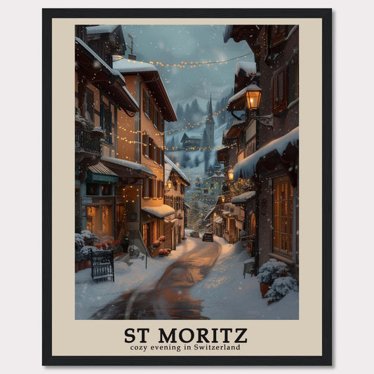 This photo showcases a charming winter evening in St. Moritz, Switzerland. The scene features snow-covered streets adorned with warm, glowing lights, quaint buildings with festive decorations, and a serene, picturesque ambiance.