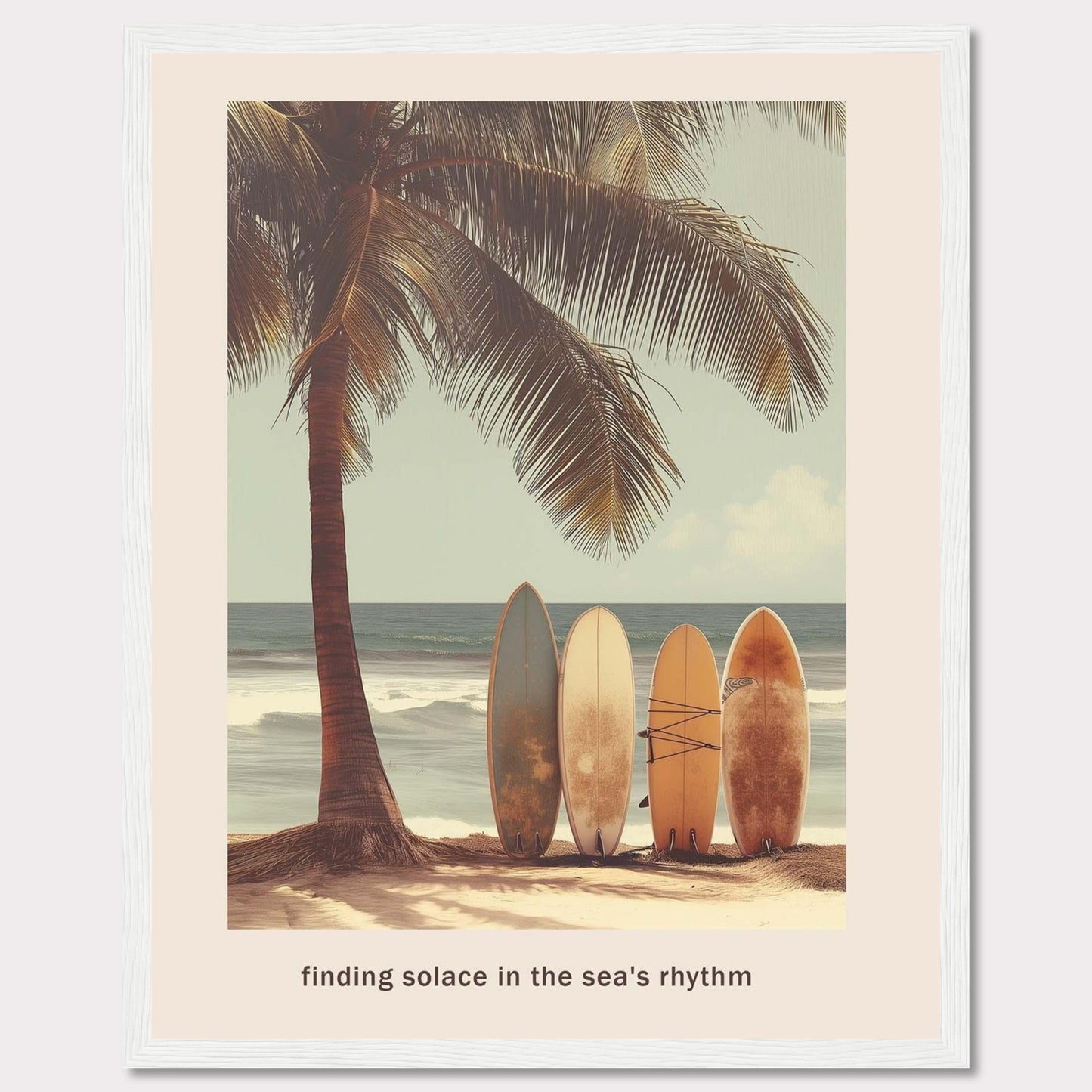 This image captures a serene beach scene with surfboards resting against a palm tree, inviting you to find peace in the ocean's rhythm.