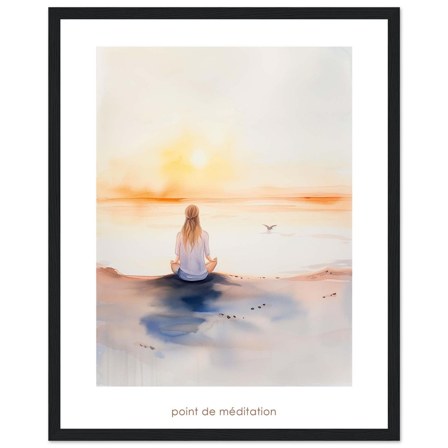 This serene artwork captures a tranquil moment of meditation by the sea at sunrise. A person sits cross-legged on the shore, facing the calming horizon as the sun rises, casting a warm glow over the water. A bird flies gracefully in the distance, adding to the peaceful ambiance. The soft colors and gentle brushstrokes evoke a sense of calm and introspection.