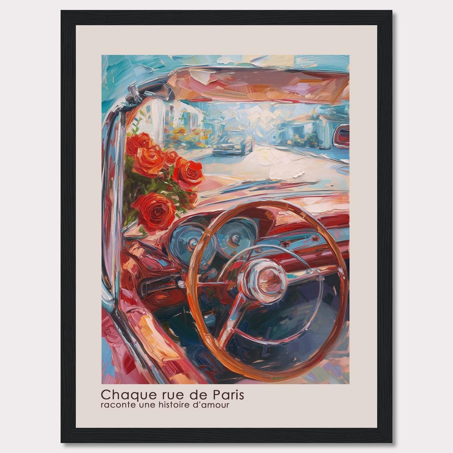 This vibrant painting captures the essence of a romantic drive through Paris. The artwork features a classic car's steering wheel, a bouquet of red roses, and a bright, bustling street scene in the background.