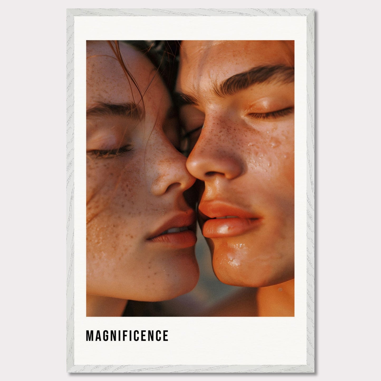 This illustration shows a close-up of two individuals with their faces intimately close, highlighting their freckles and closed eyes.

This poster will fit well in a modern living room, bedroom, or art studio, adding a touch of elegance and intimacy to the space.