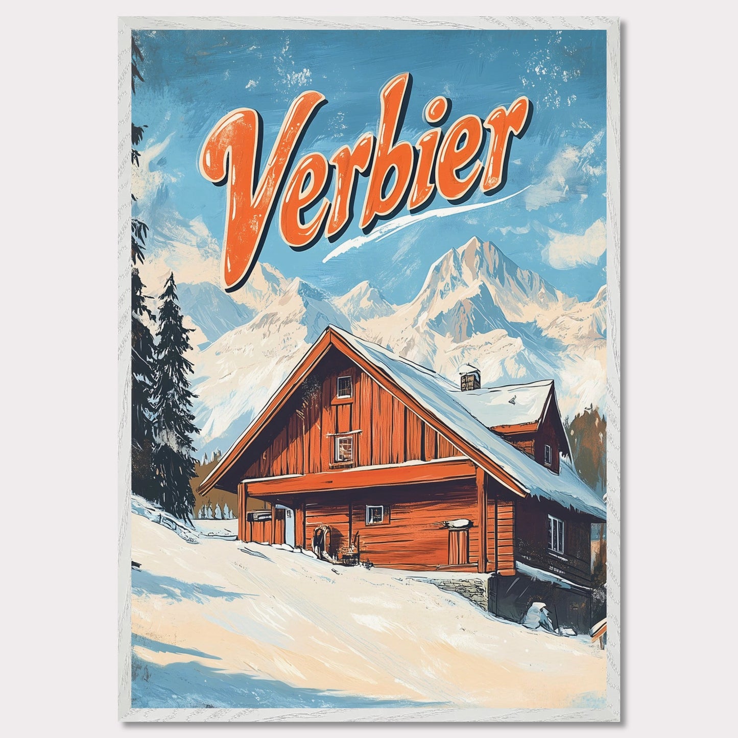 This vintage-inspired poster features a charming wooden chalet nestled against the stunning mountains of Verbier. The warm tones of the cabin contrast beautifully with the snowy landscape and towering peaks, creating a welcoming, serene winter scene. The retro design with bold typography invites viewers to imagine a peaceful retreat in the heart of the Swiss Alps, where adventure and comfort come together.