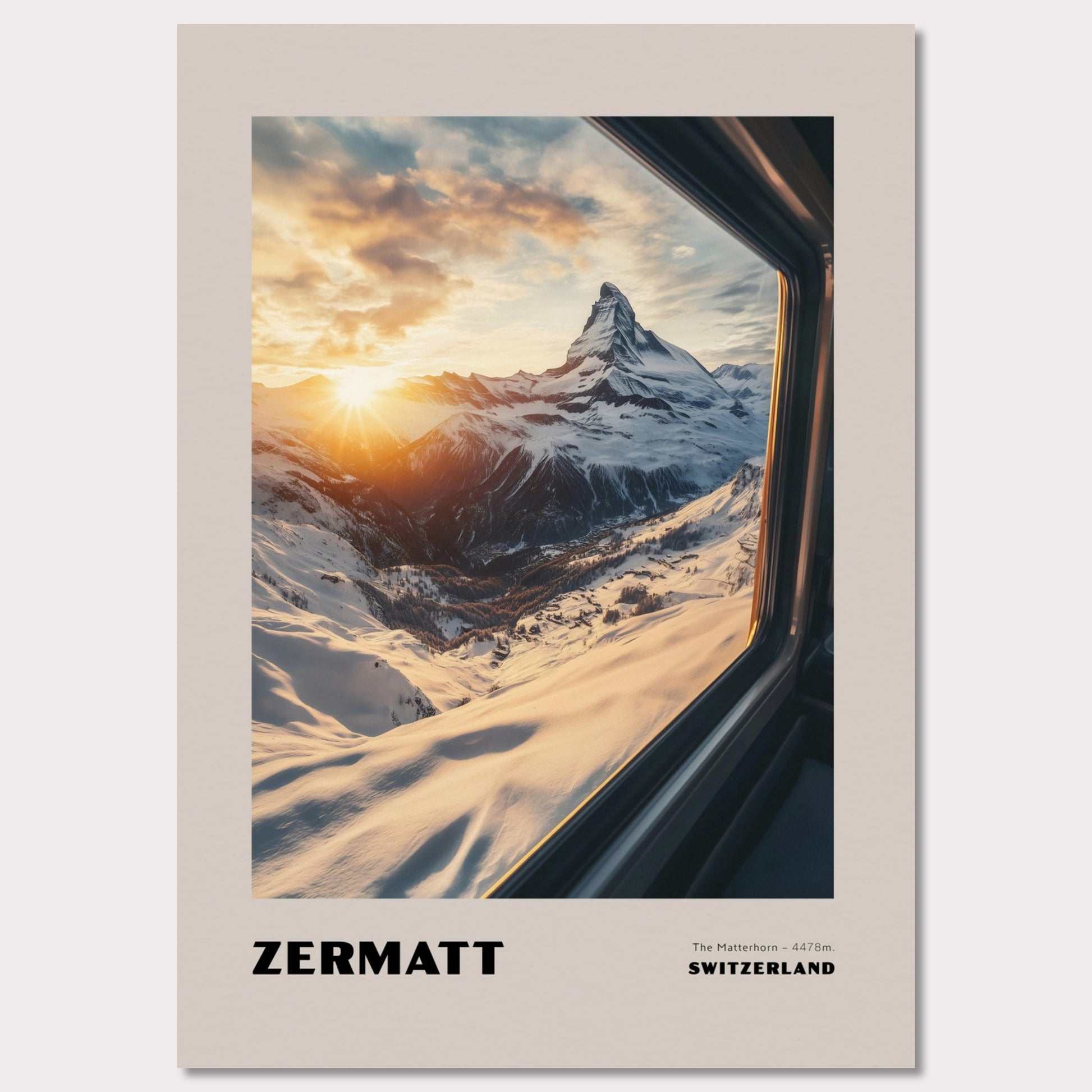 A stunning view of the Matterhorn bathed in golden sunset hues. Towering at 4478 meters, this legendary mountain has always drawn adventurers and travelers. The warm colors of the sunset create an extraordinary atmosphere, while the snow-covered slopes emphasize the purity and majesty of nature.